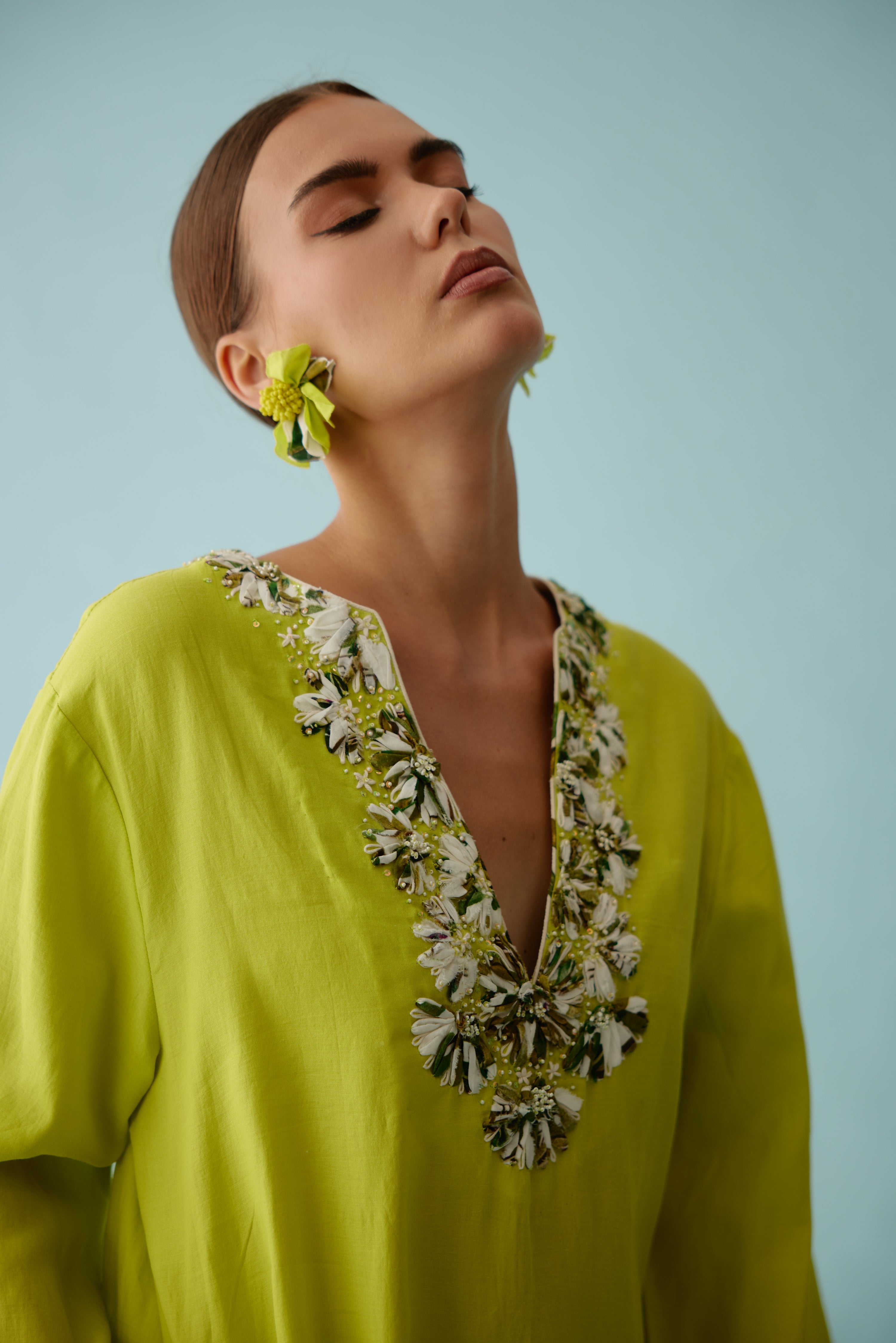 Lime green fabric ribbon embroidery flower co-ord sets