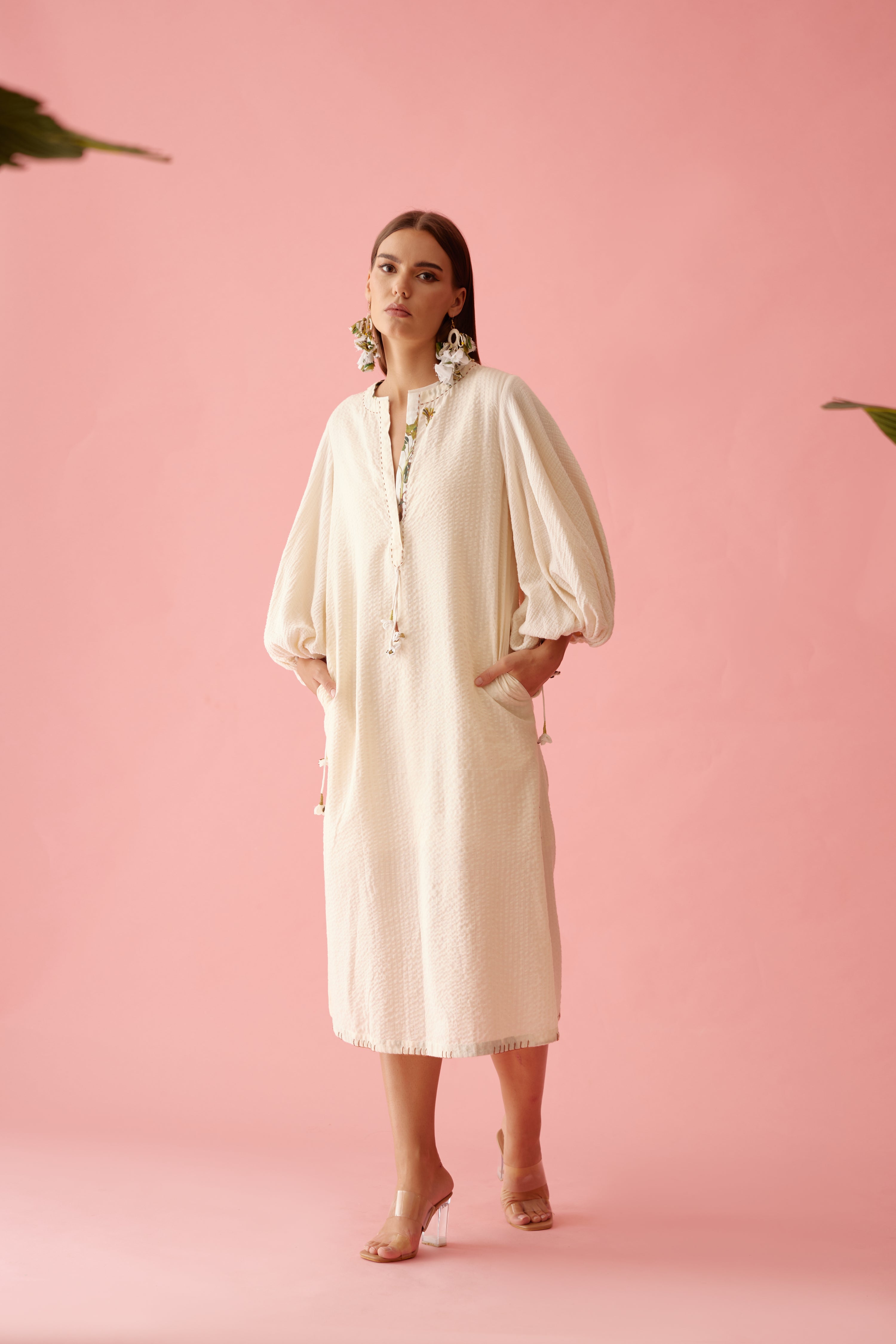 Cream banana tree applique hi-low shirt dress