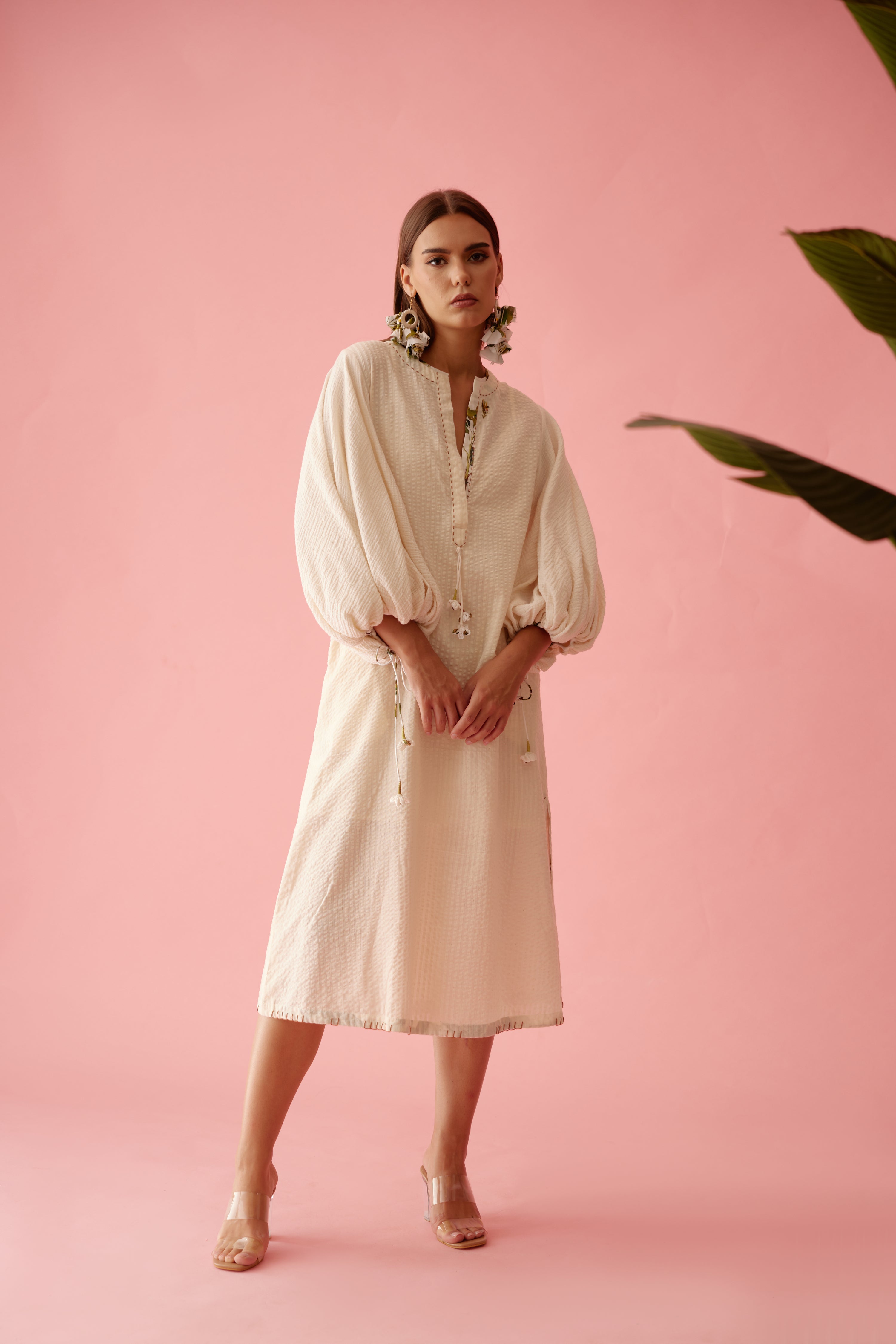 Cream banana tree applique hi-low shirt dress