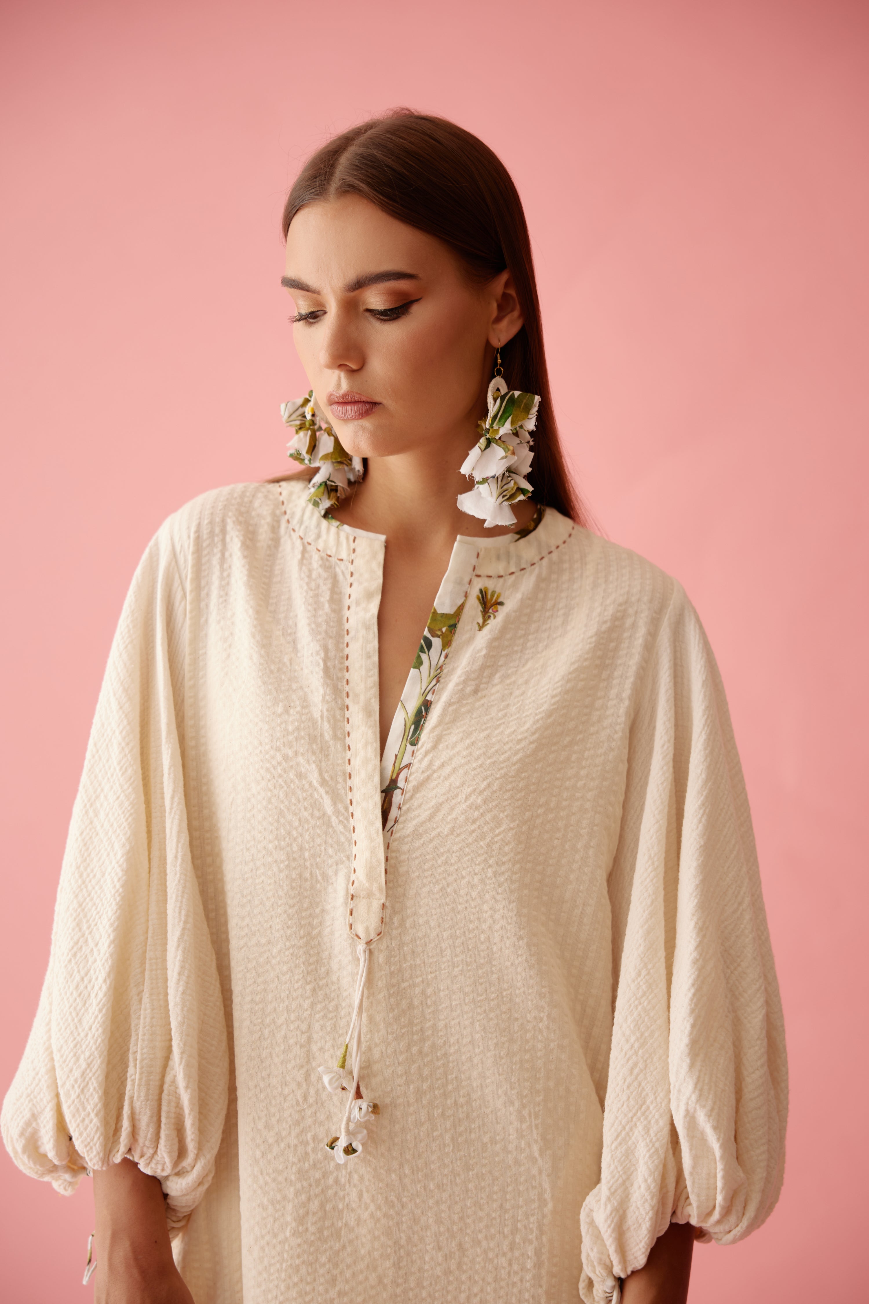 Cream banana tree applique hi-low shirt dress