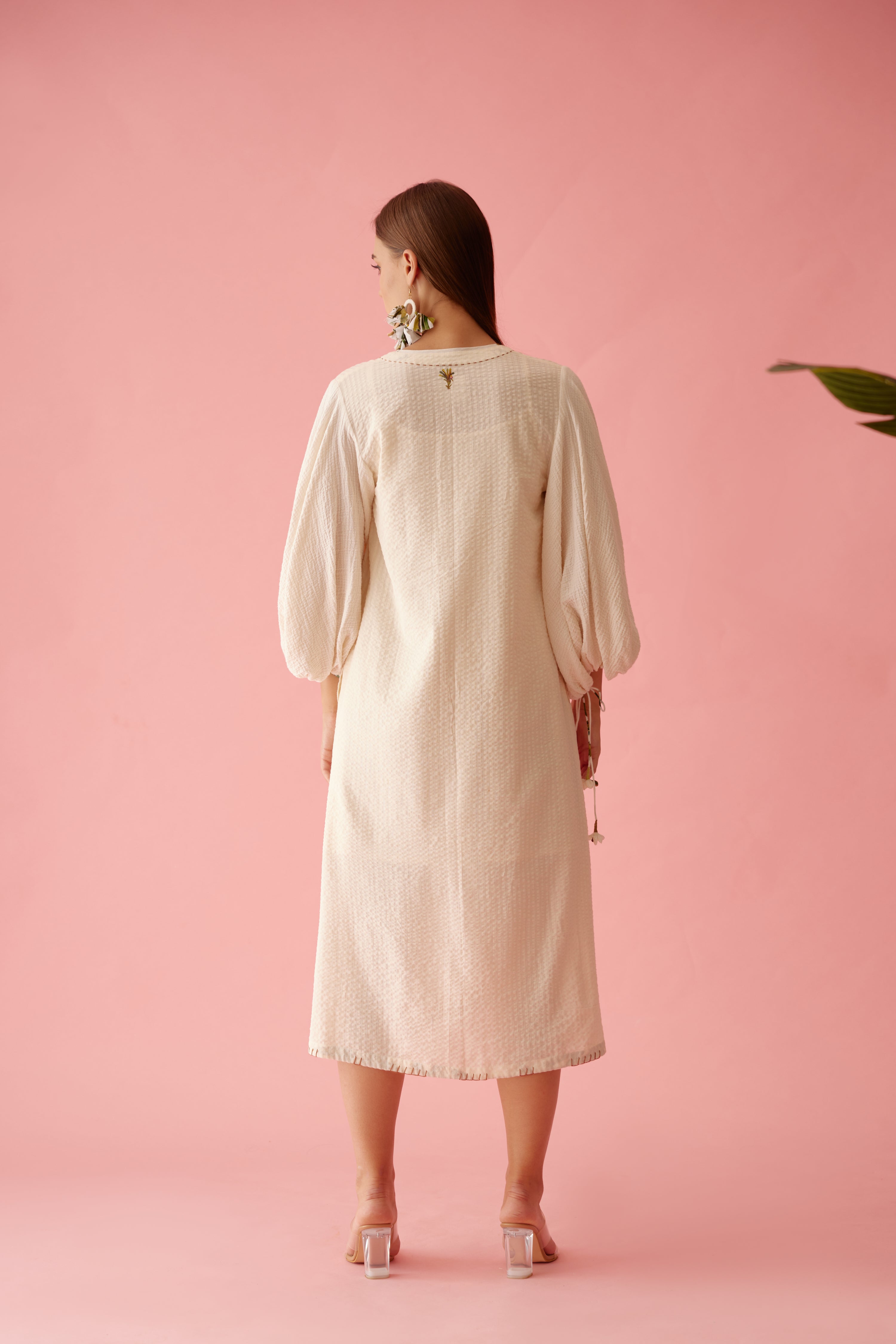 Cream banana tree applique hi-low shirt dress
