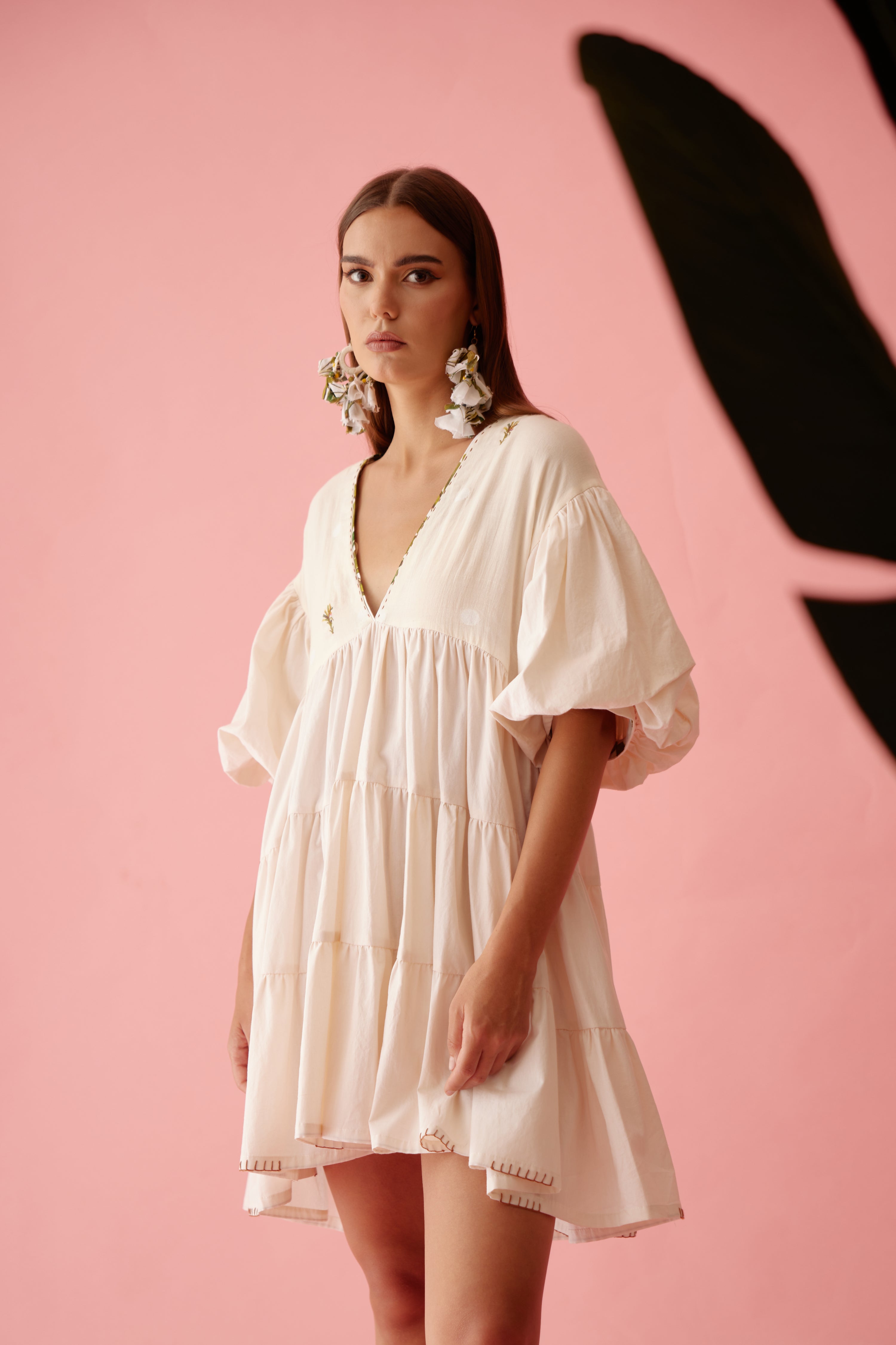 Cream solid bubble sleeves tier dress