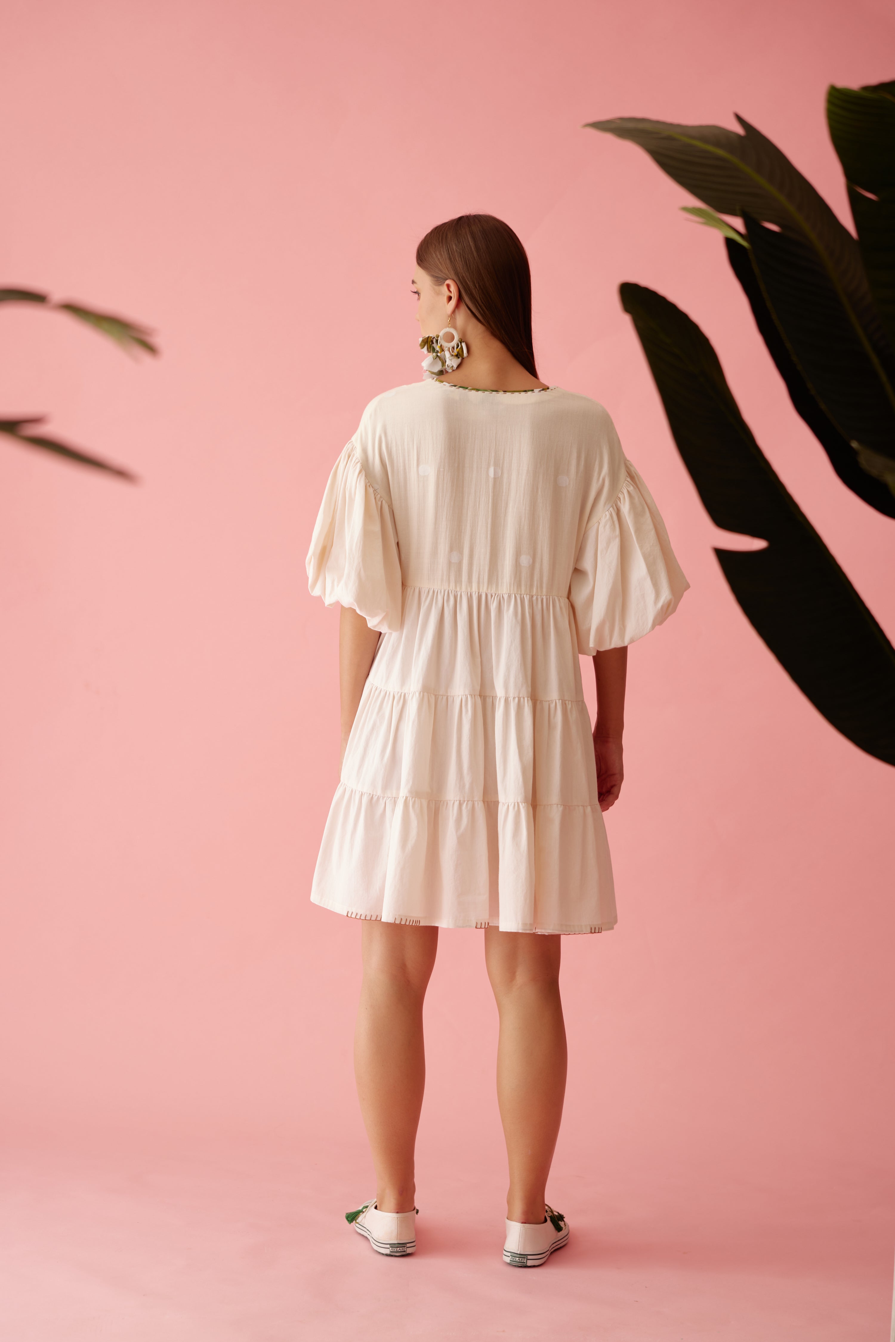 Cream solid bubble sleeves tier dress