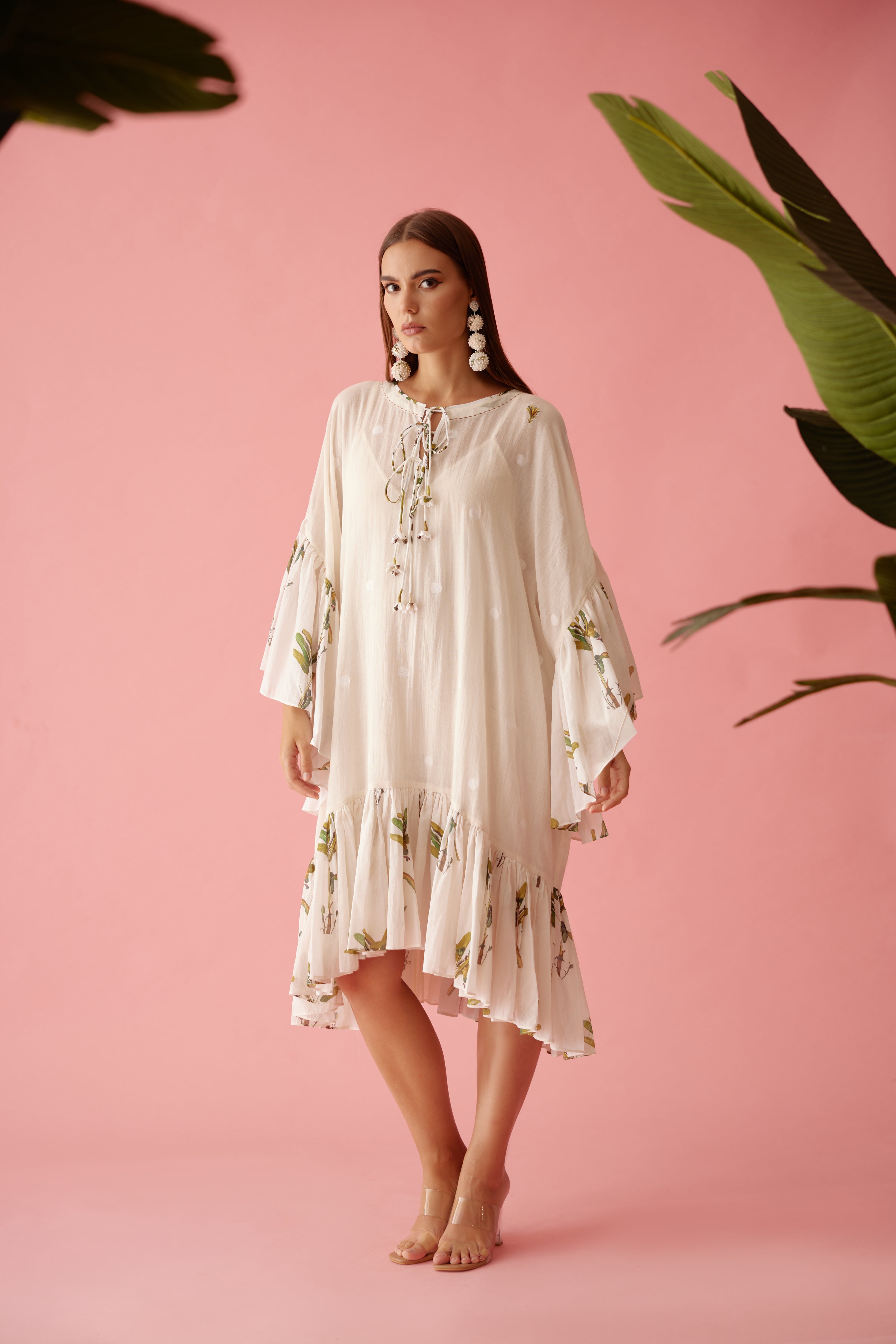 Cream handwoven jamdani cotton frill dress