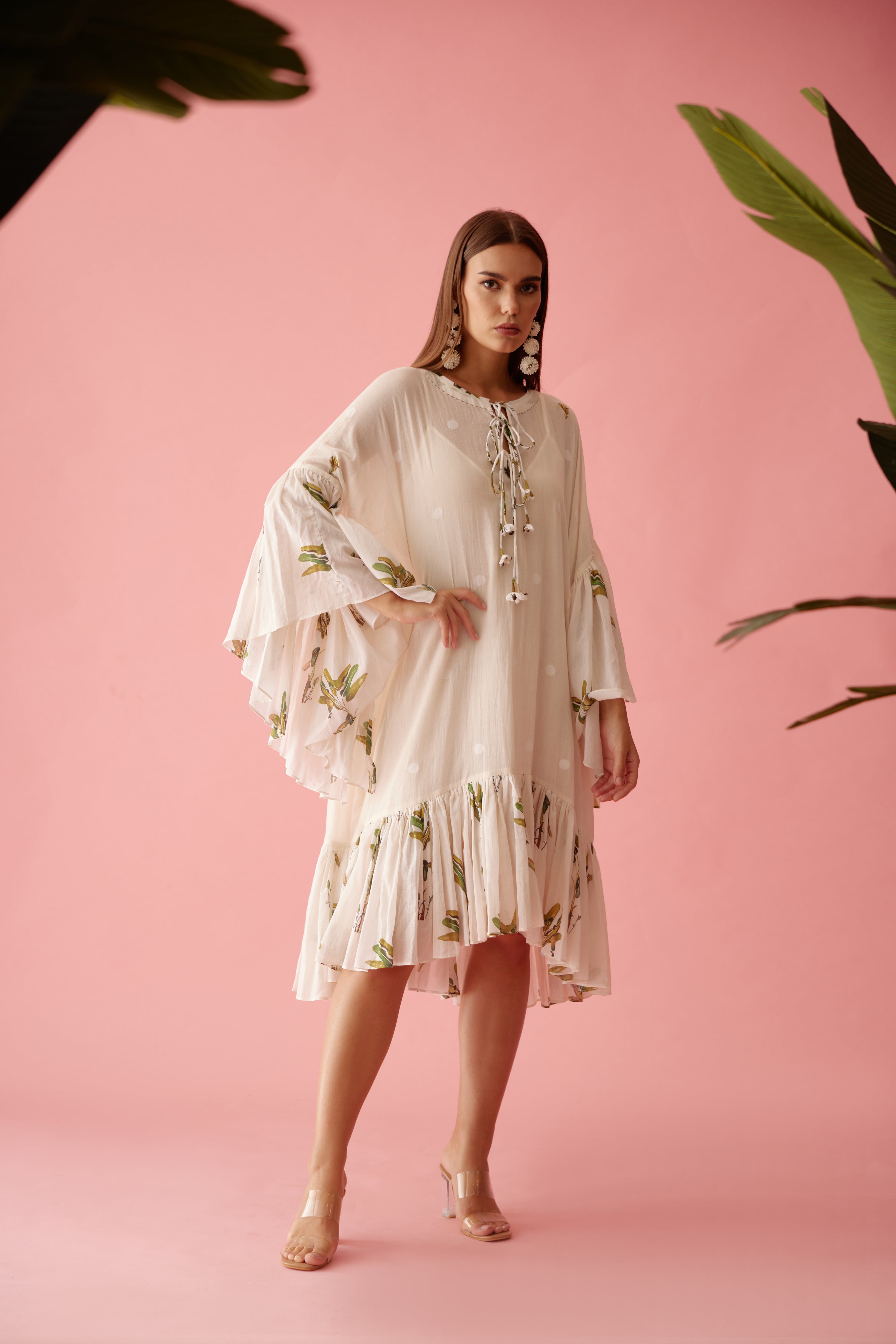 Cream handwoven jamdani cotton frill dress