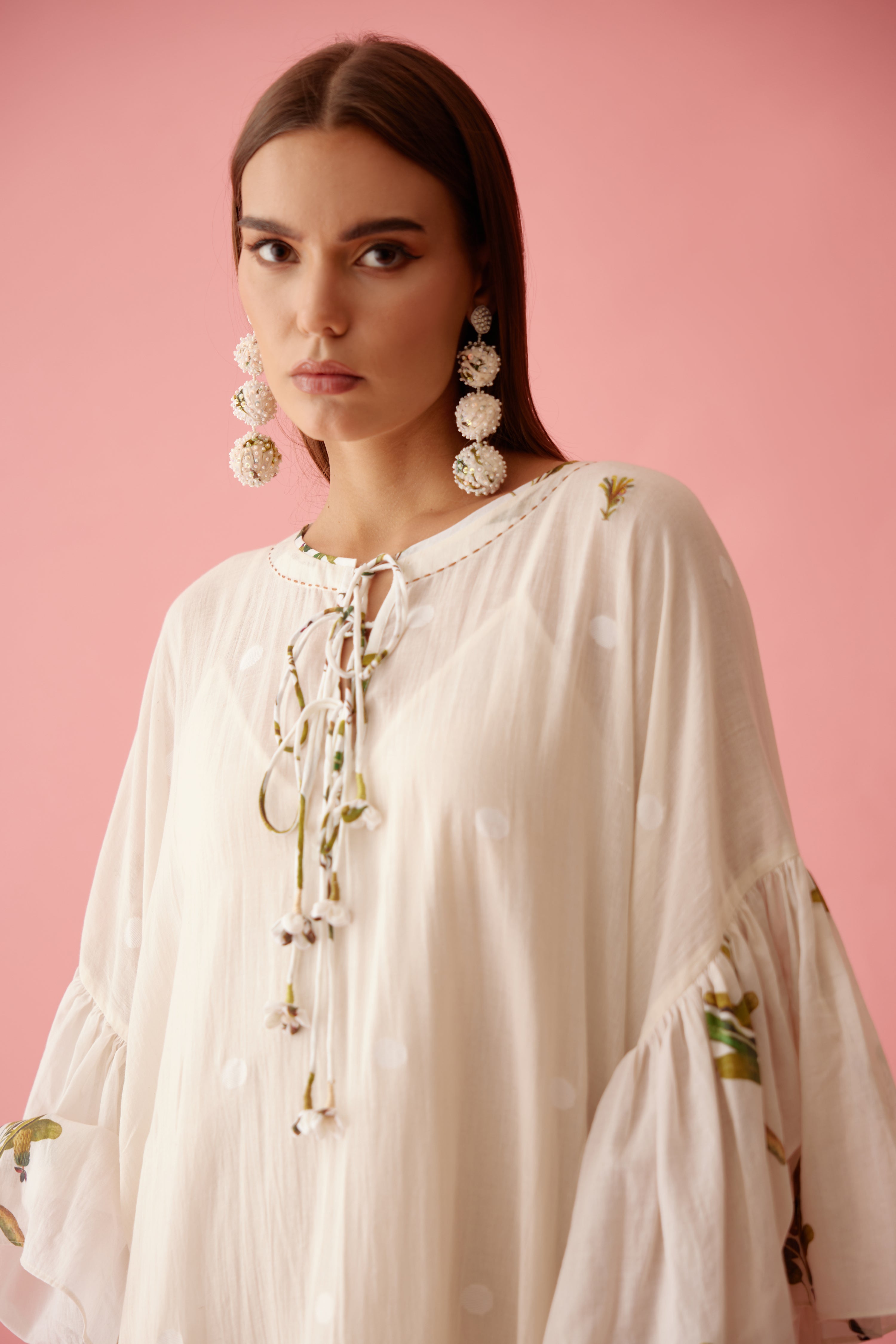Cream handwoven jamdani cotton frill dress