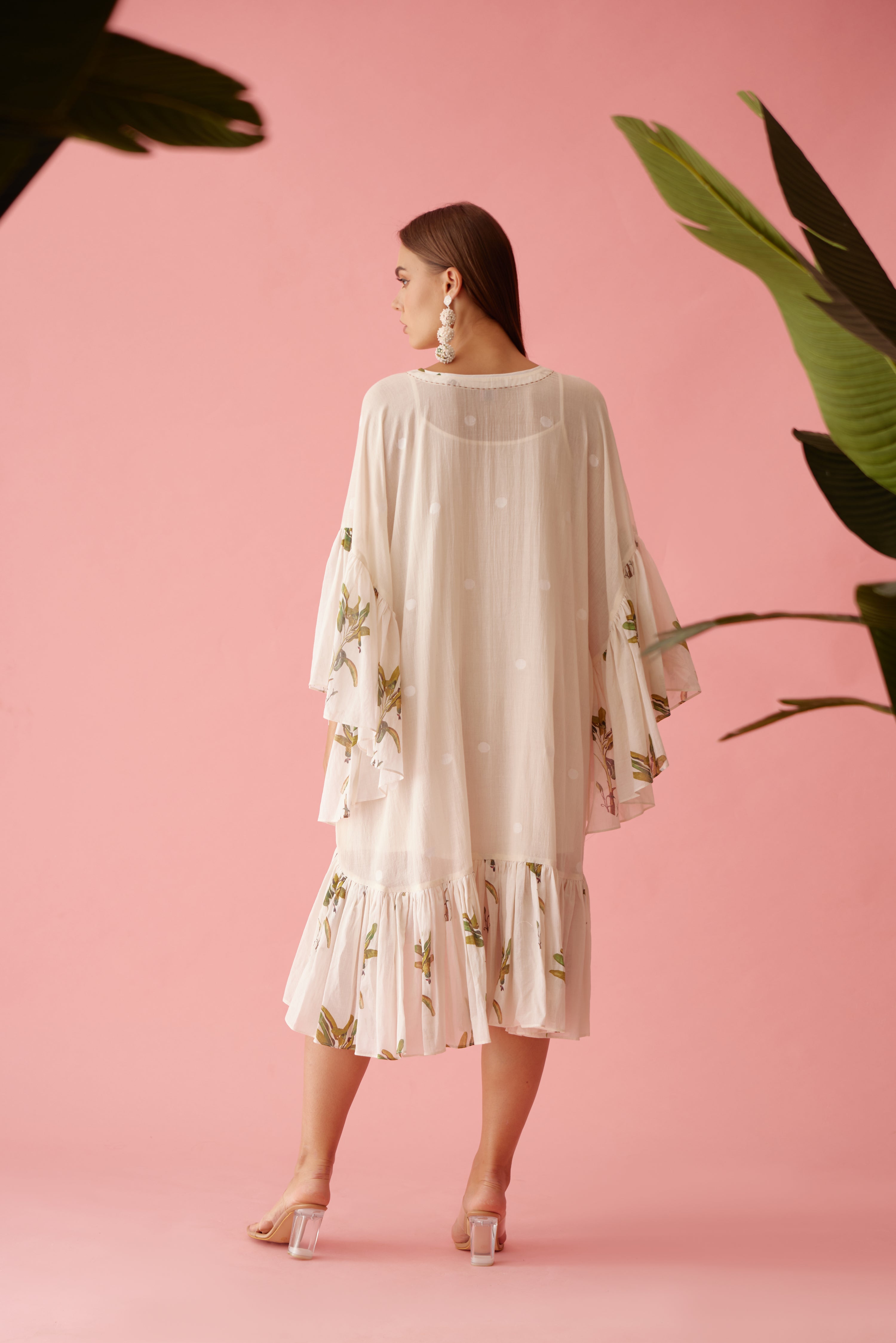 Cream handwoven jamdani cotton frill dress