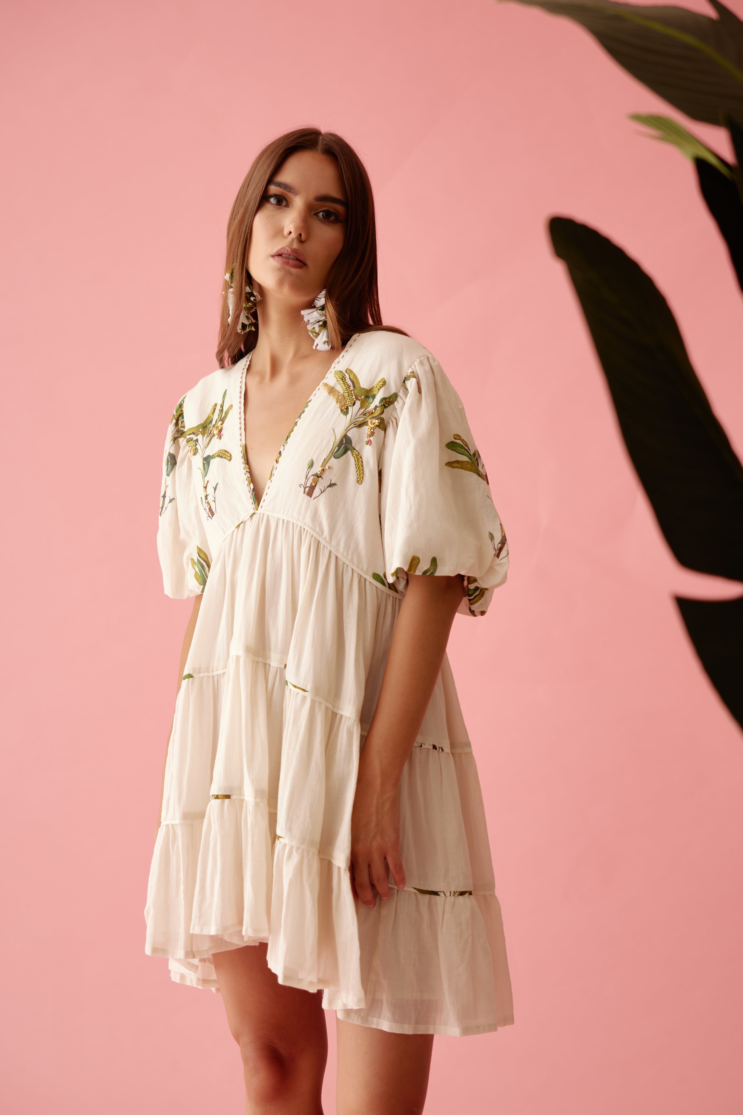 Cream bubble sleeves tier dress
