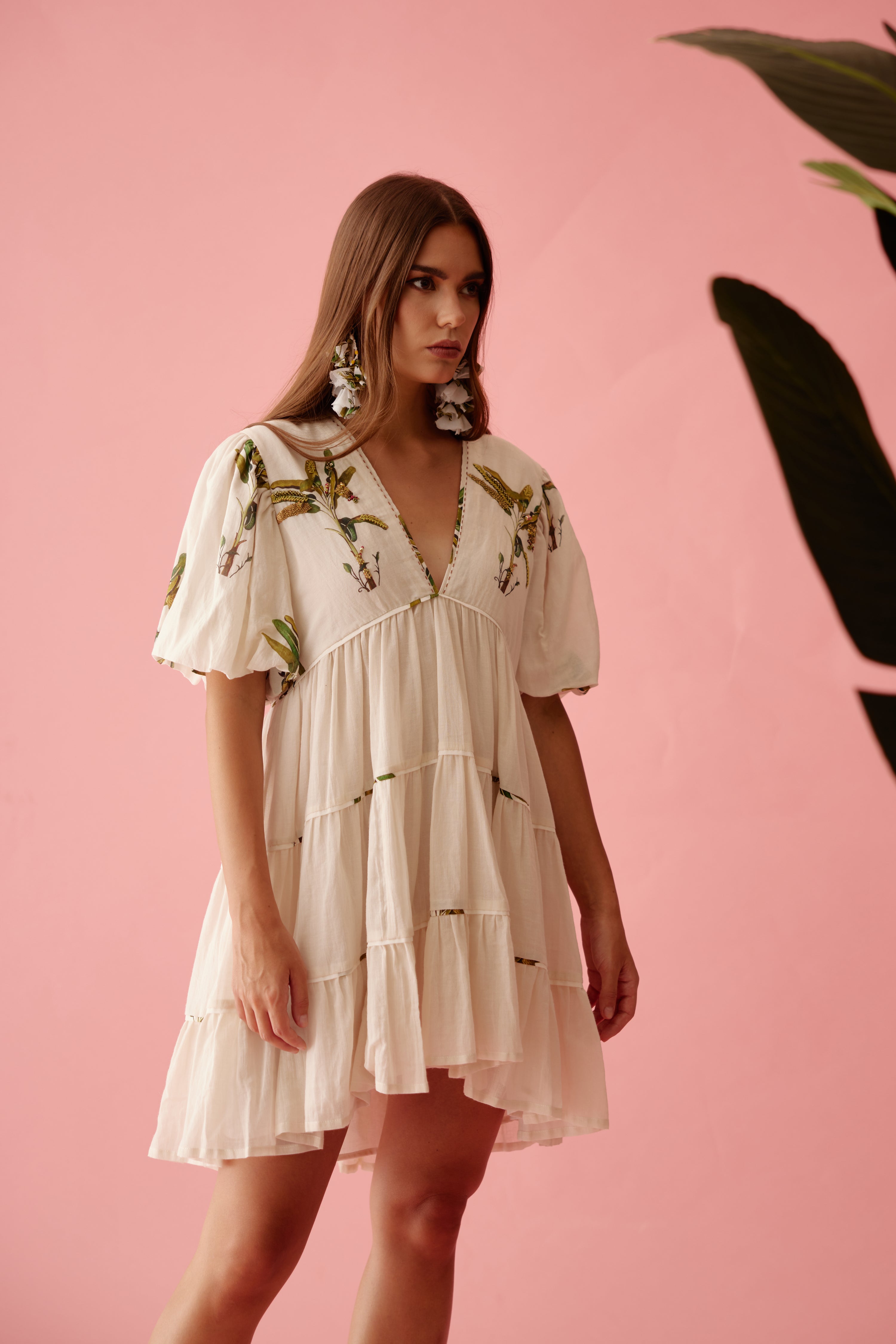 Cream bubble sleeves tier dress