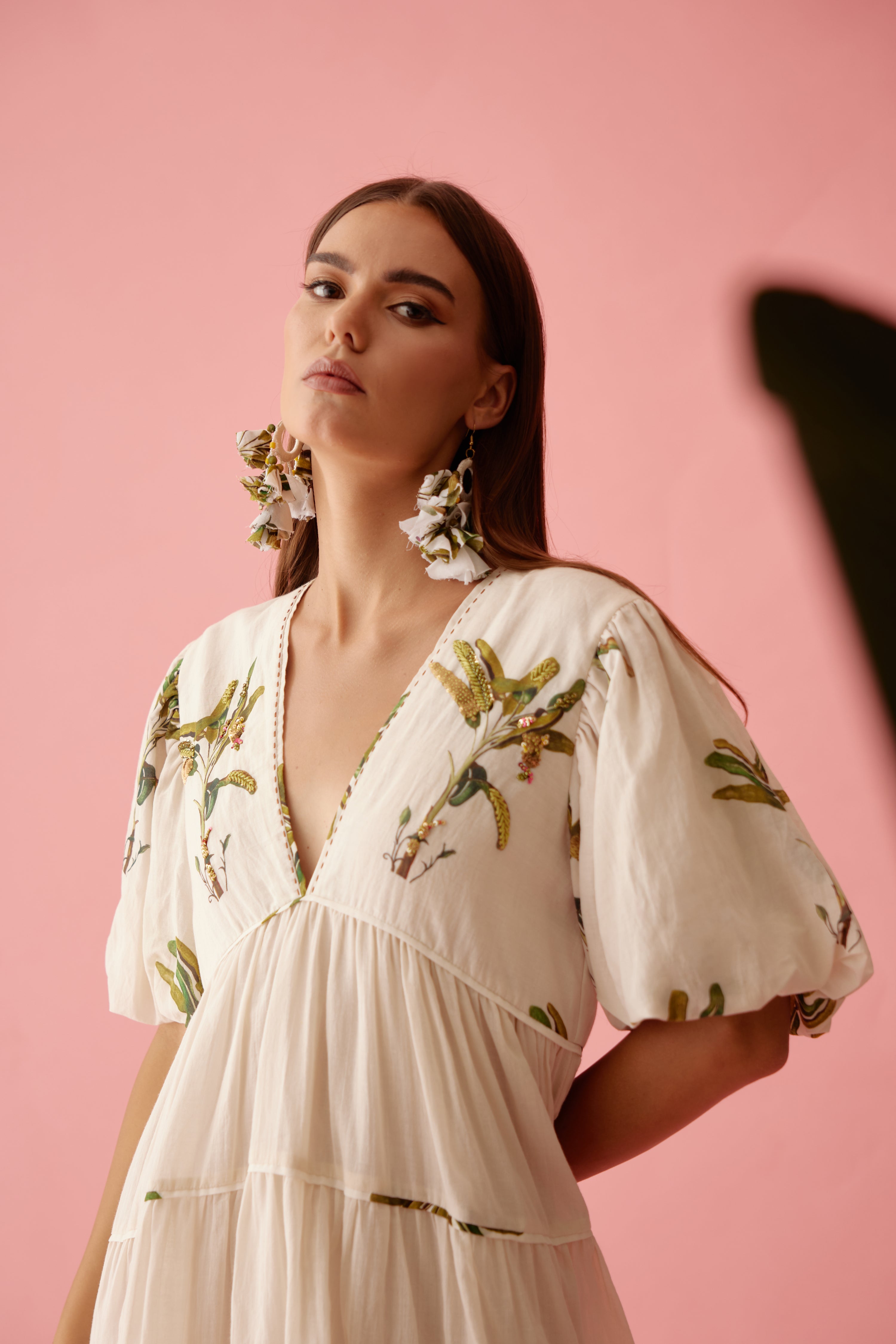 Cream bubble sleeves tier dress