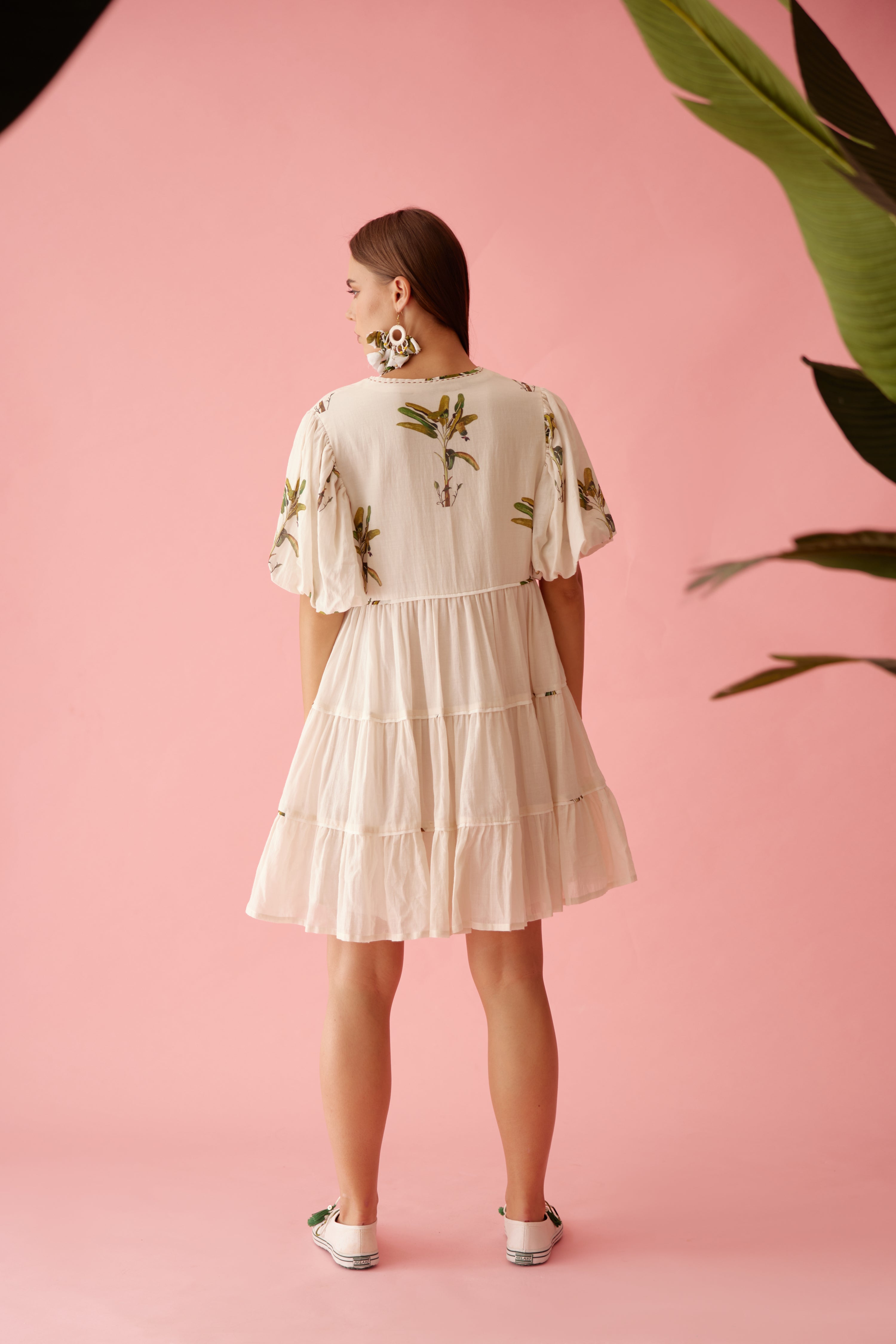 Cream bubble sleeves tier dress