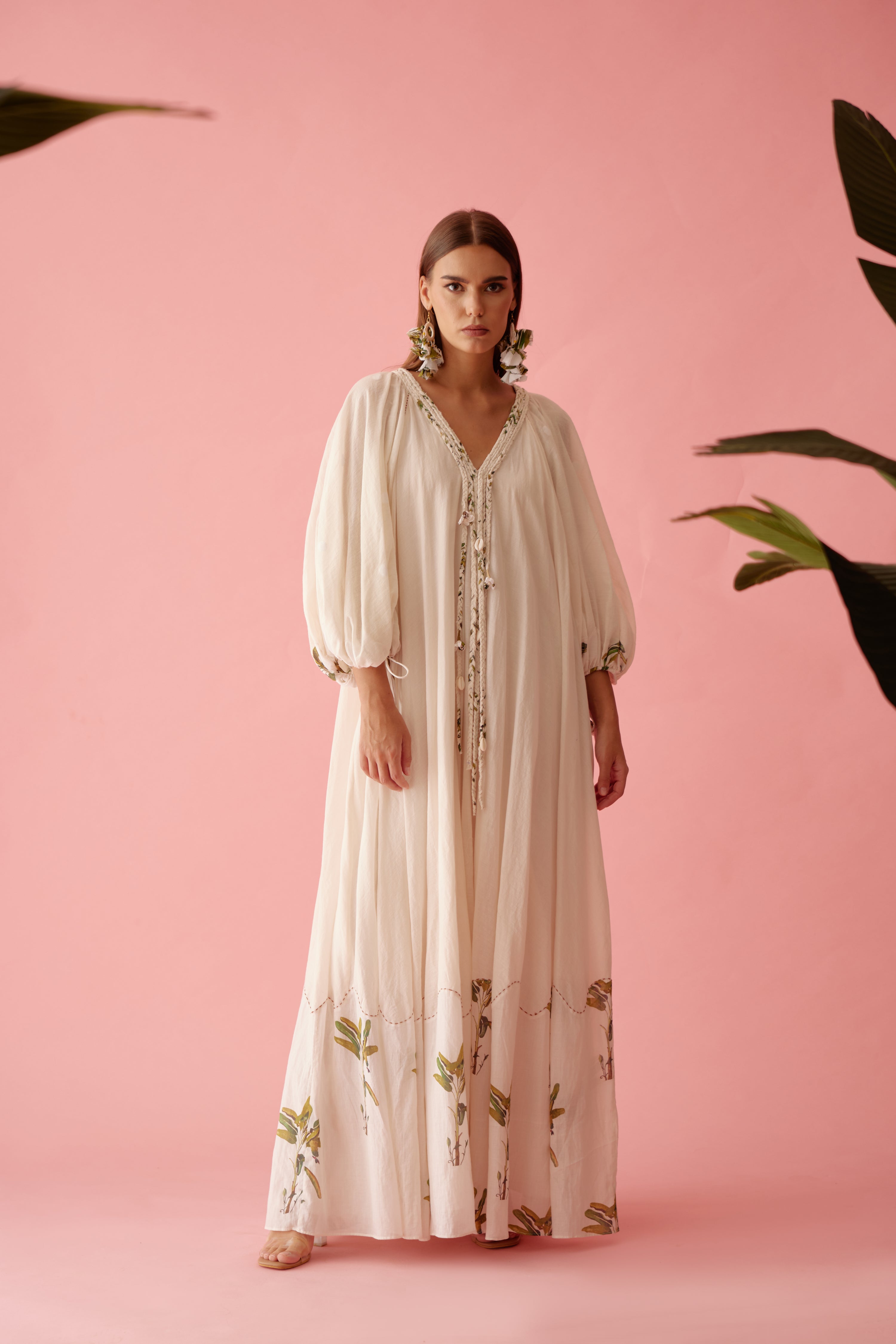 Cream handwoven jamdani cotton bubble sleeves maxi dress