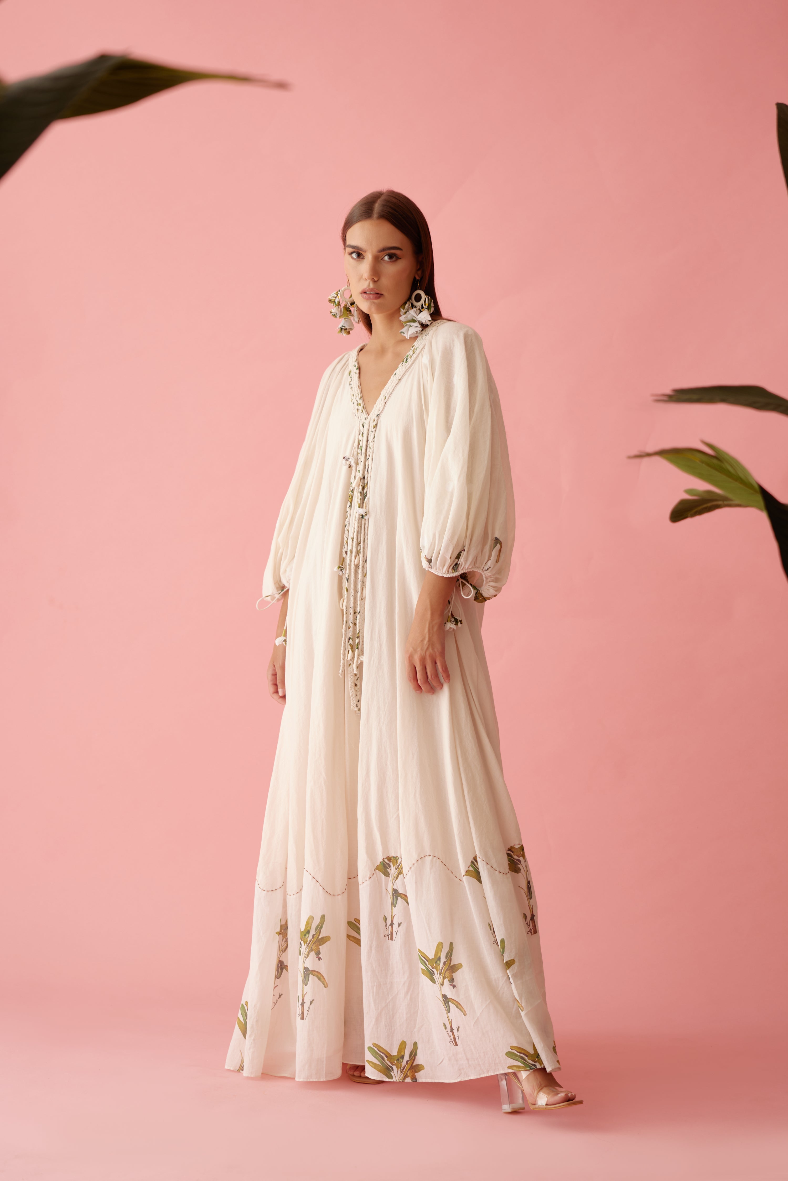 Cream handwoven jamdani cotton bubble sleeves maxi dress