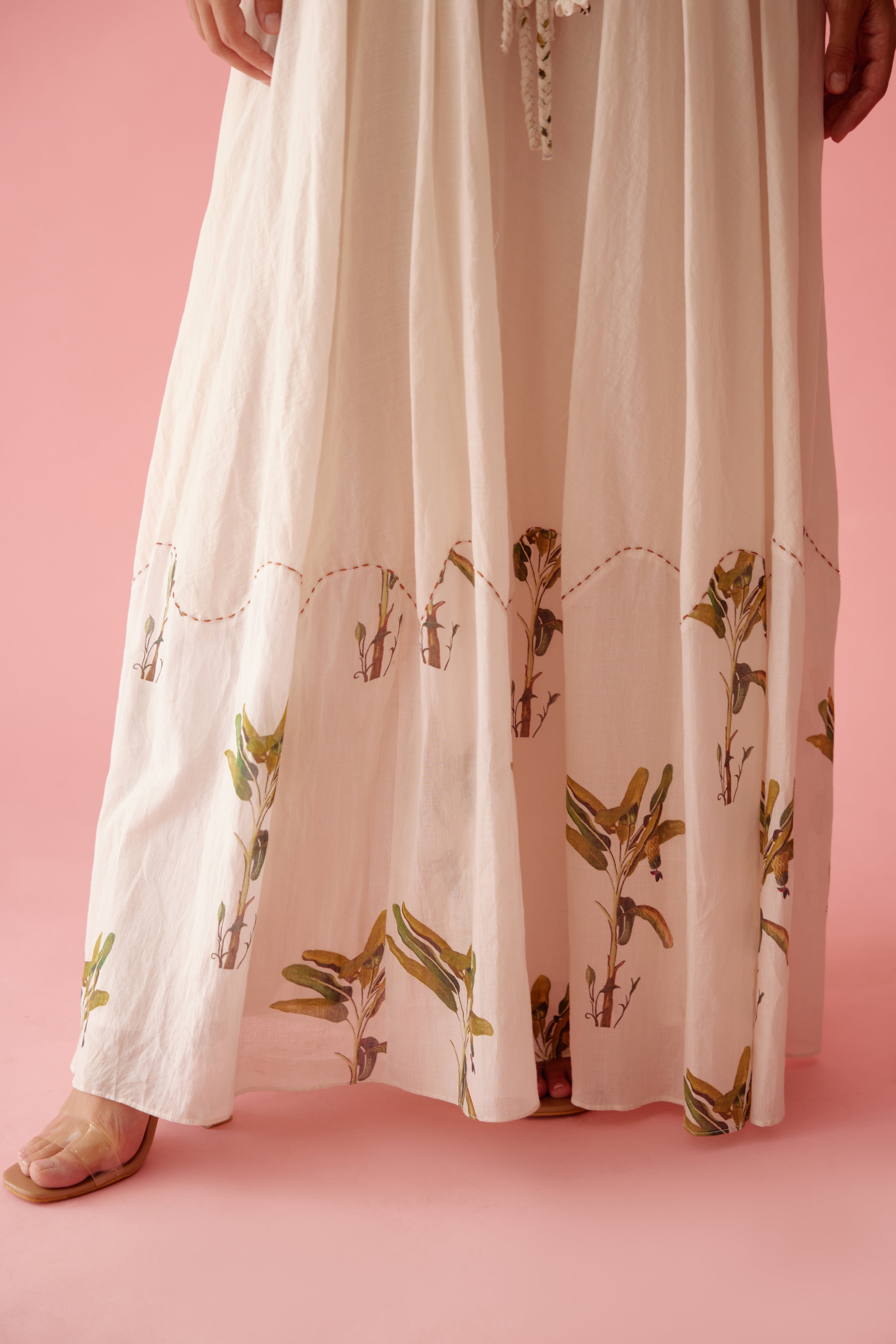 Cream handwoven jamdani cotton bubble sleeves maxi dress