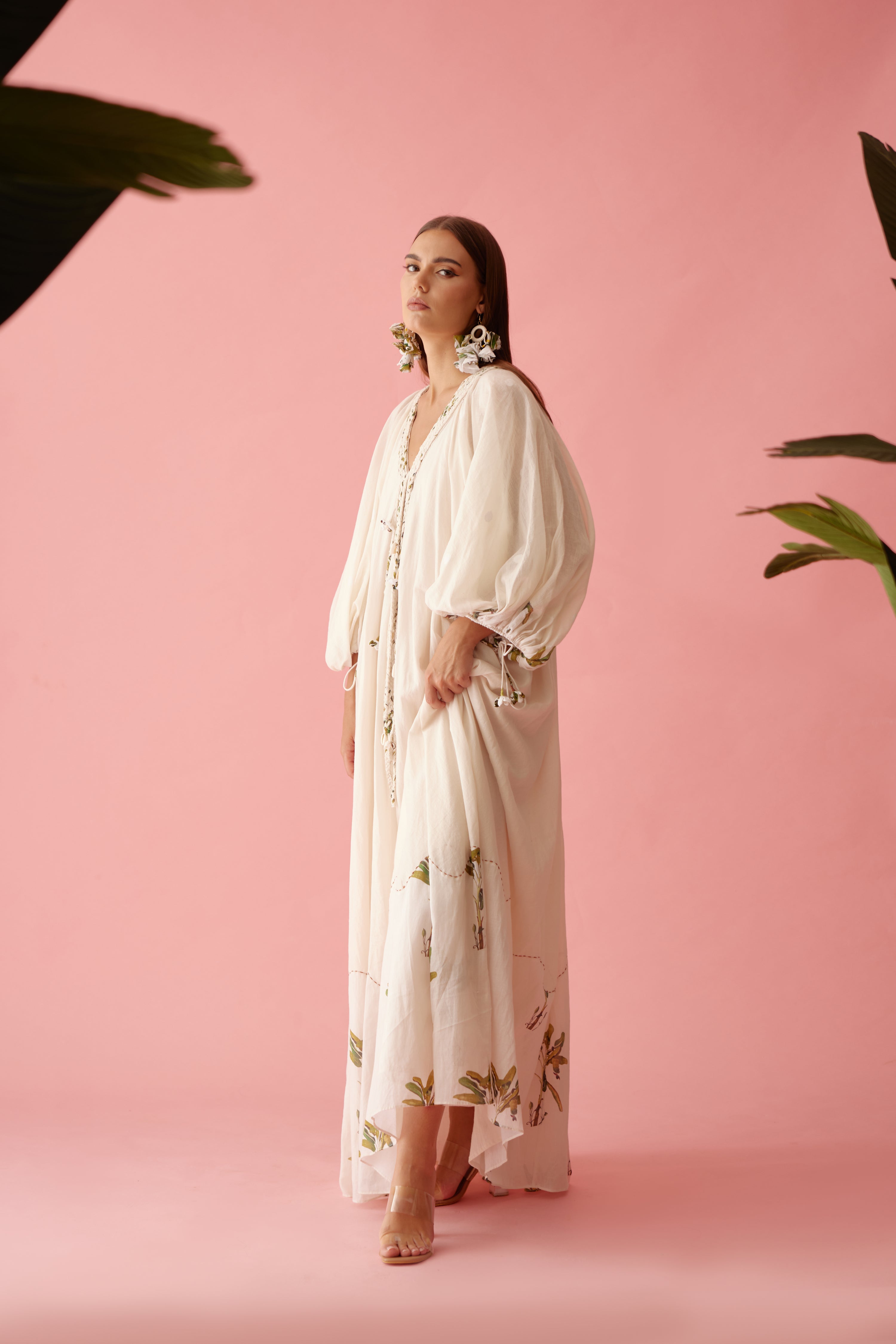 Cream handwoven jamdani cotton bubble sleeves maxi dress