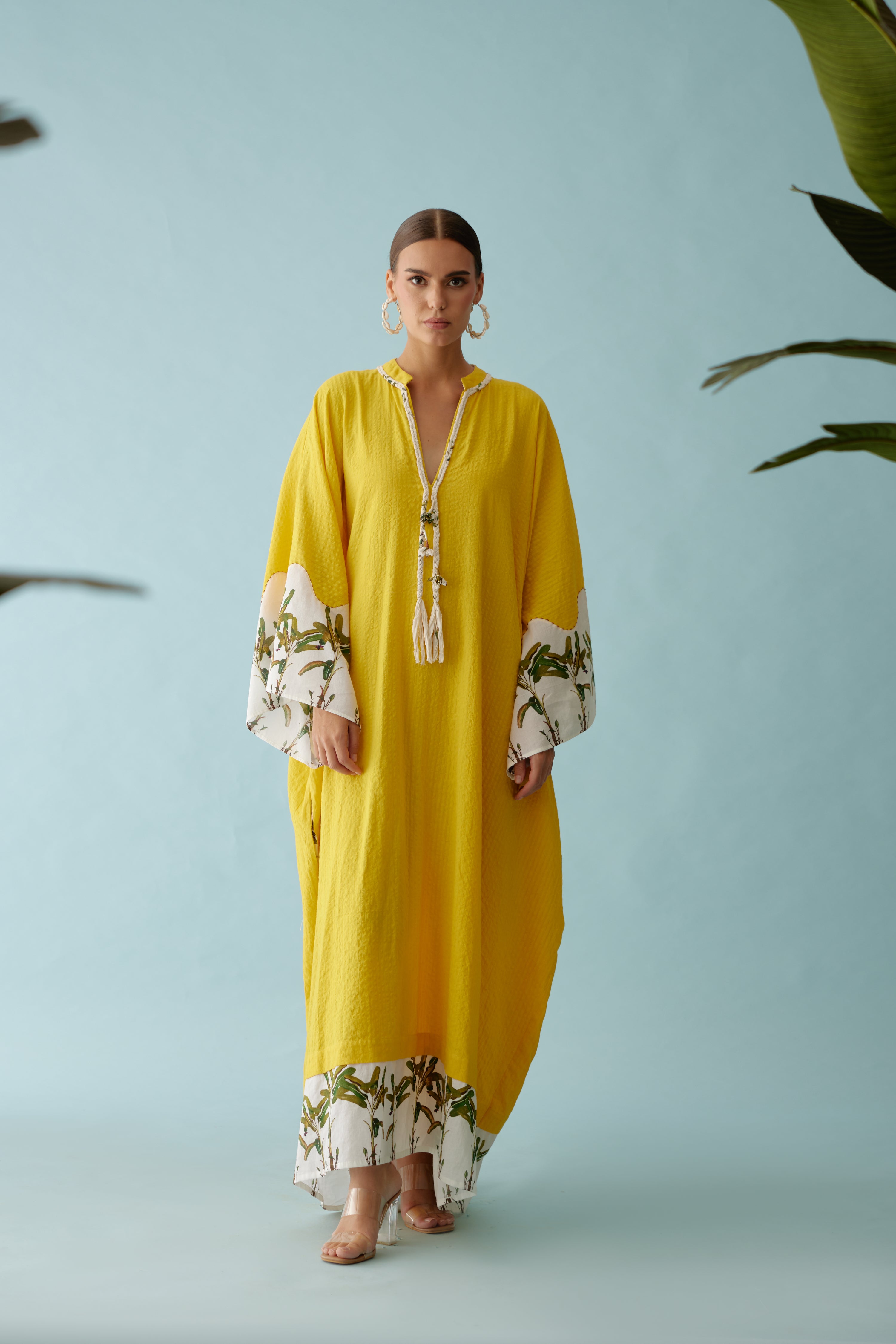 Yellow hand-braided tassels kaftan dress