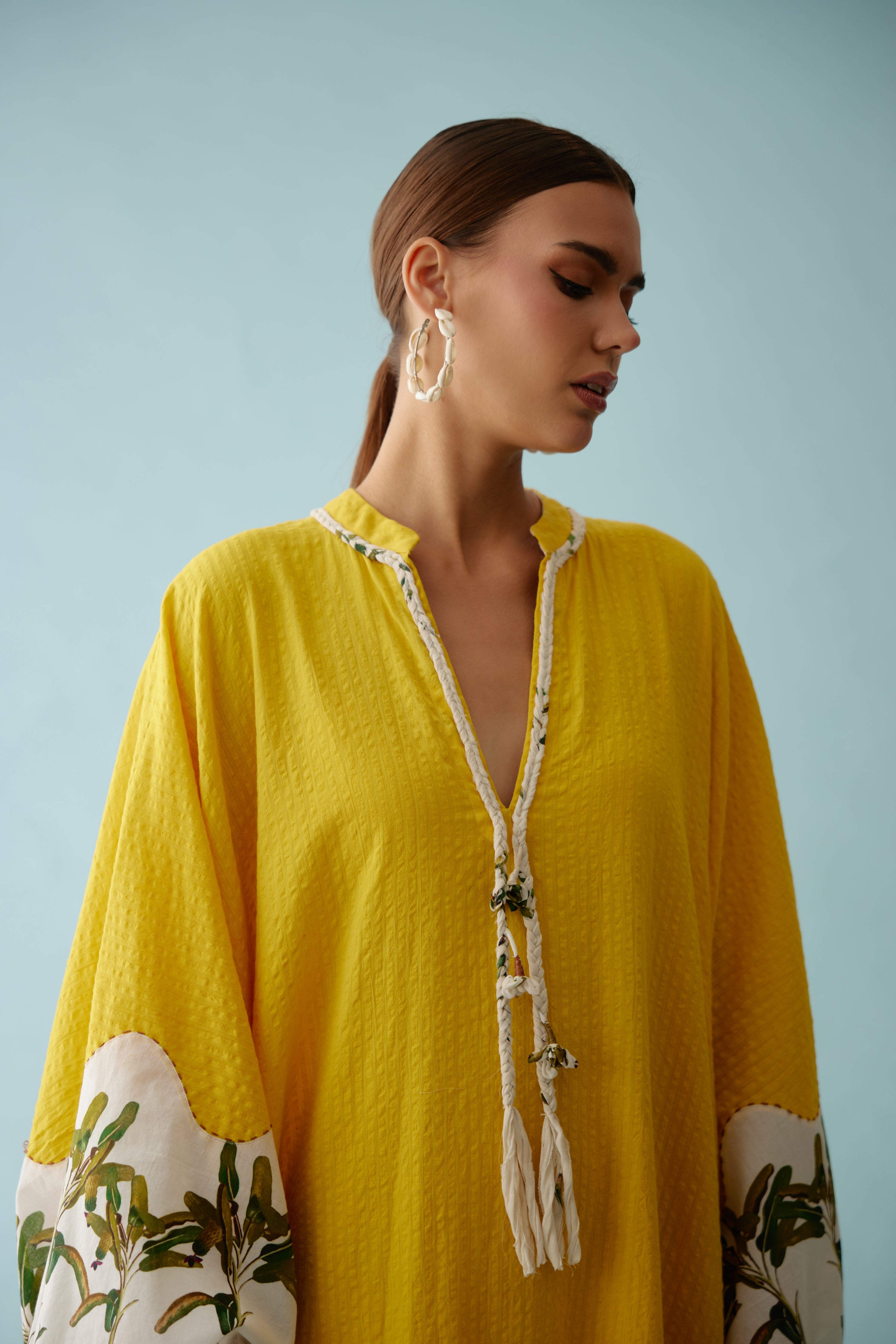 Yellow hand-braided tassels kaftan dress