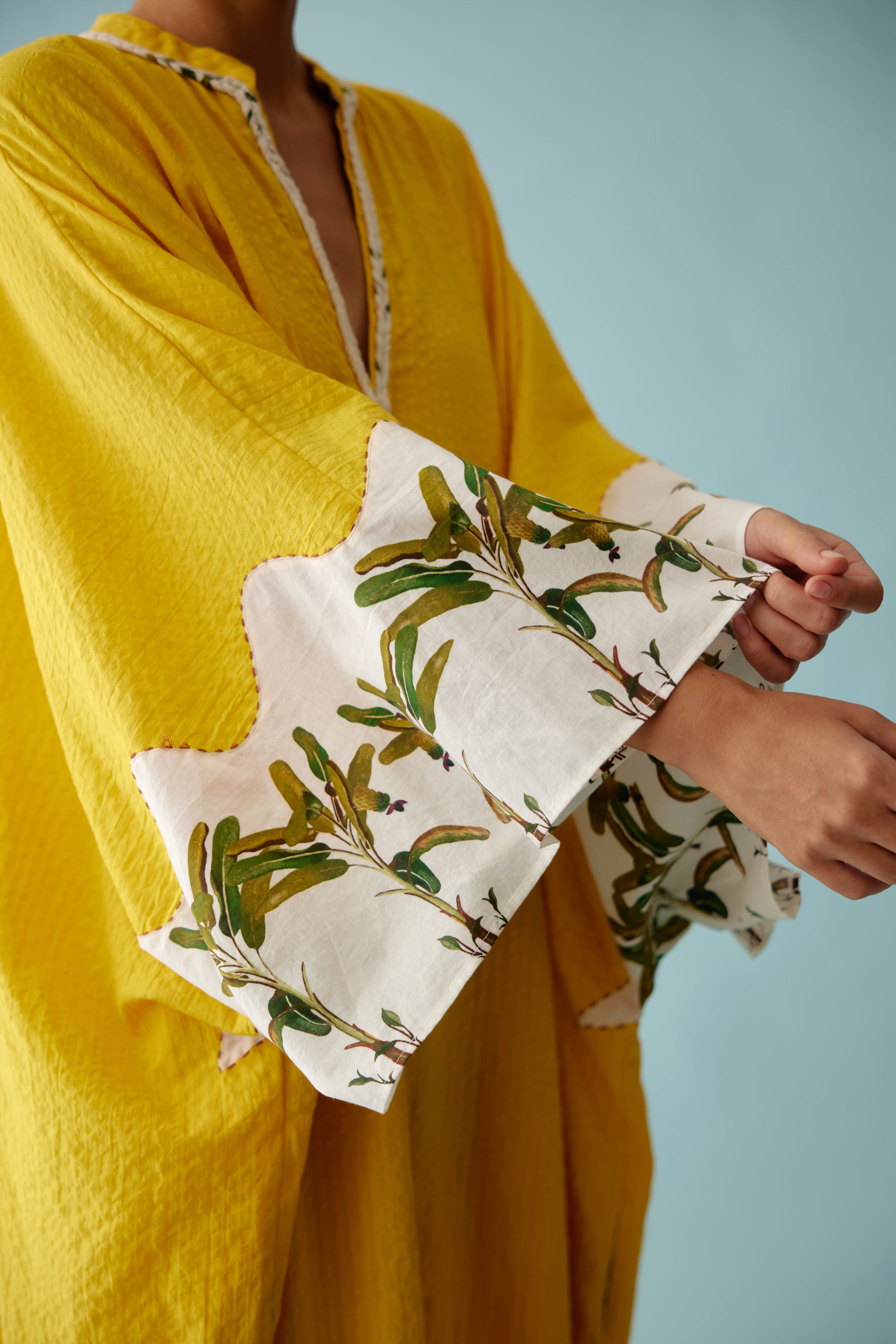 Yellow hand-braided tassels kaftan dress