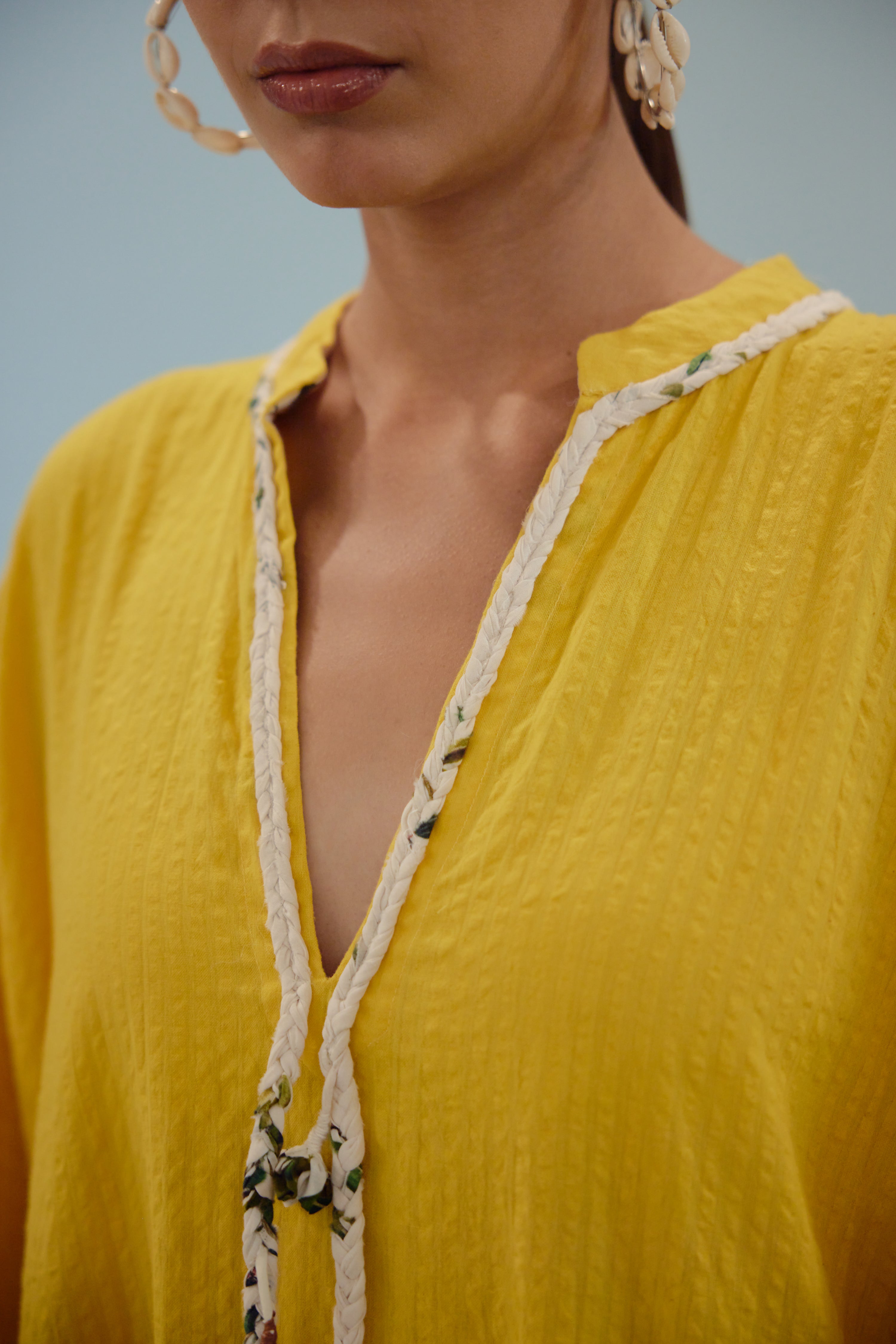 Yellow hand-braided tassels kaftan dress