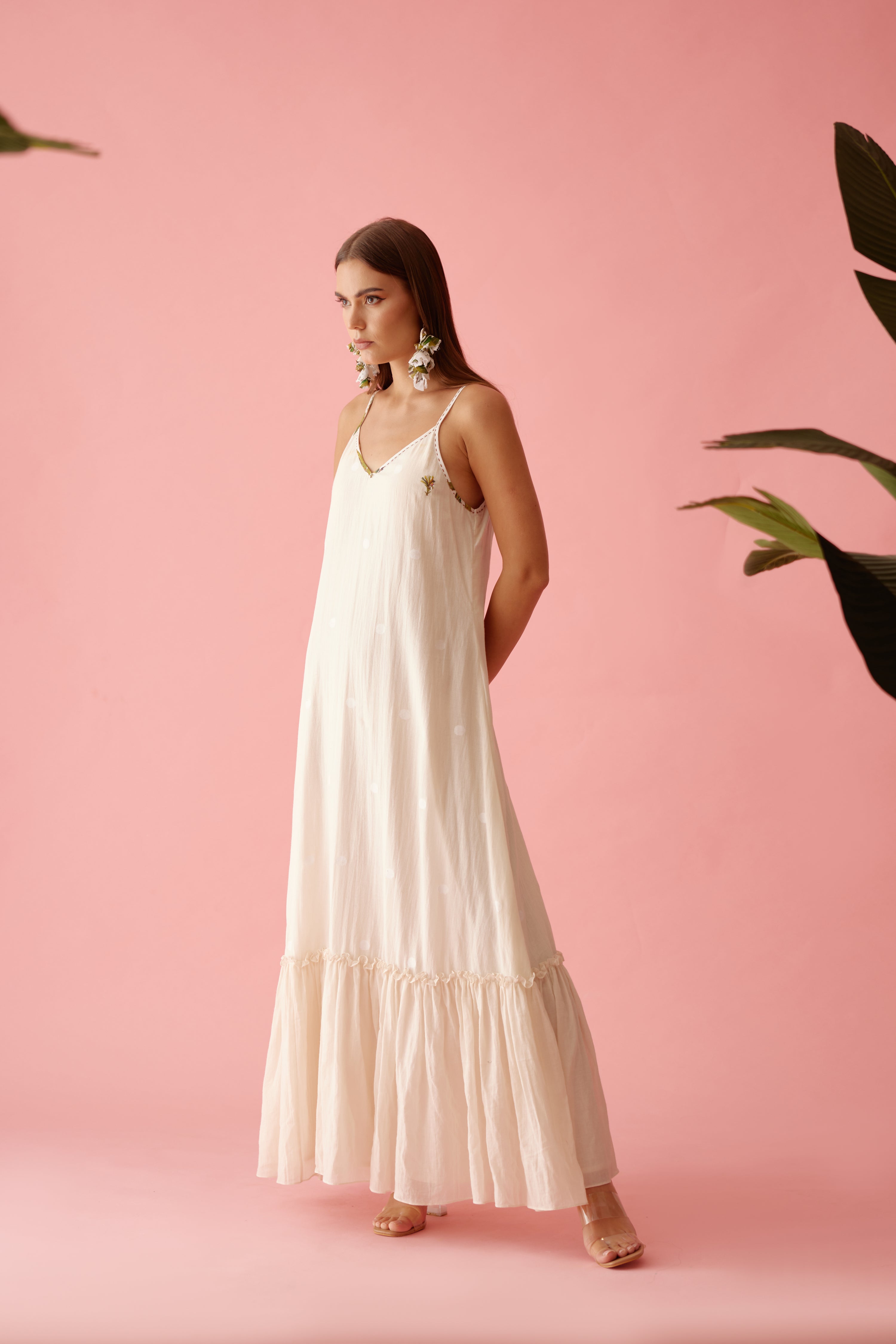 Cream handwoven jamdani cotton slip dress