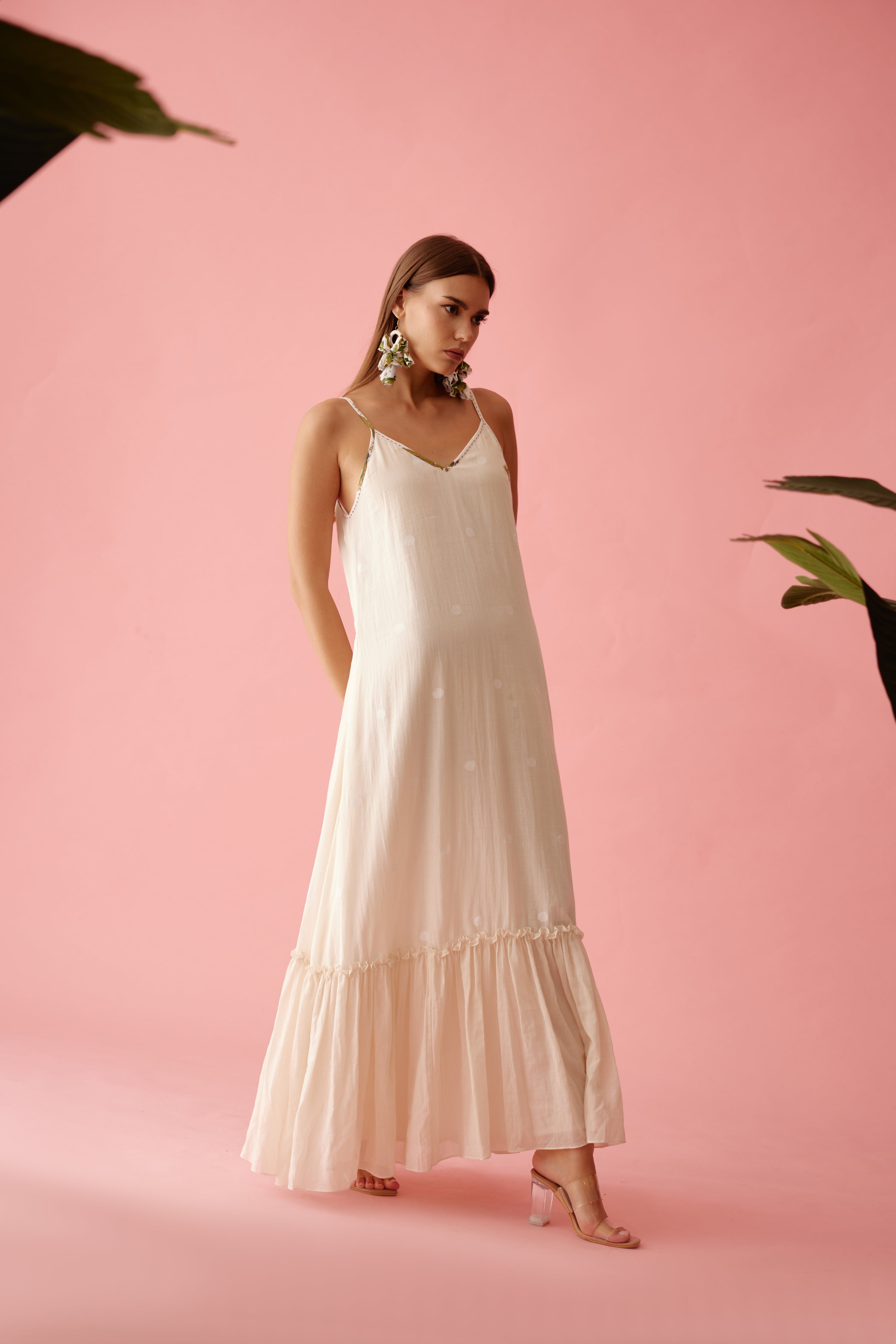 Cream handwoven jamdani cotton slip dress