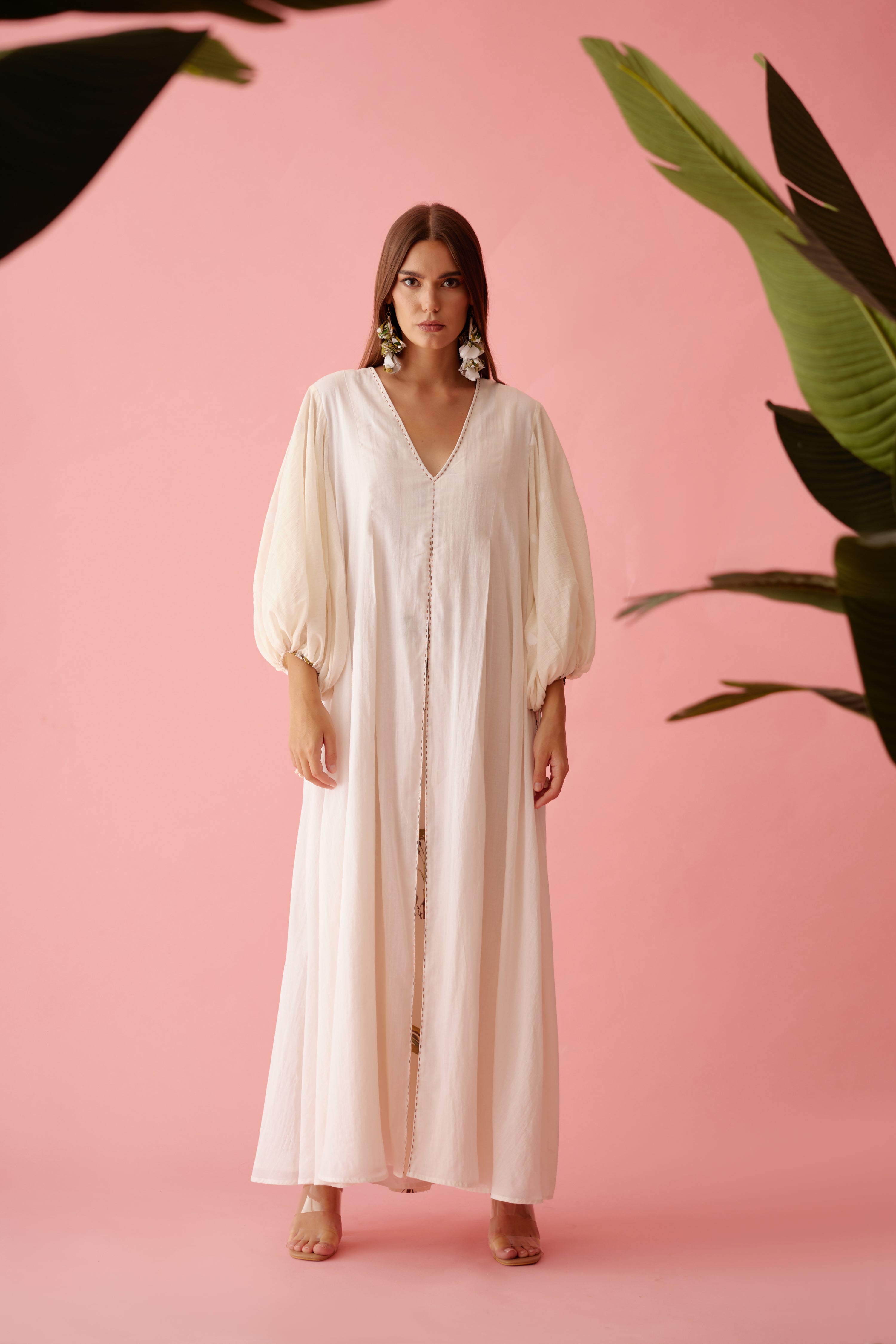 Cream handwoven jamdani bubble sleeves A-line maxi dress