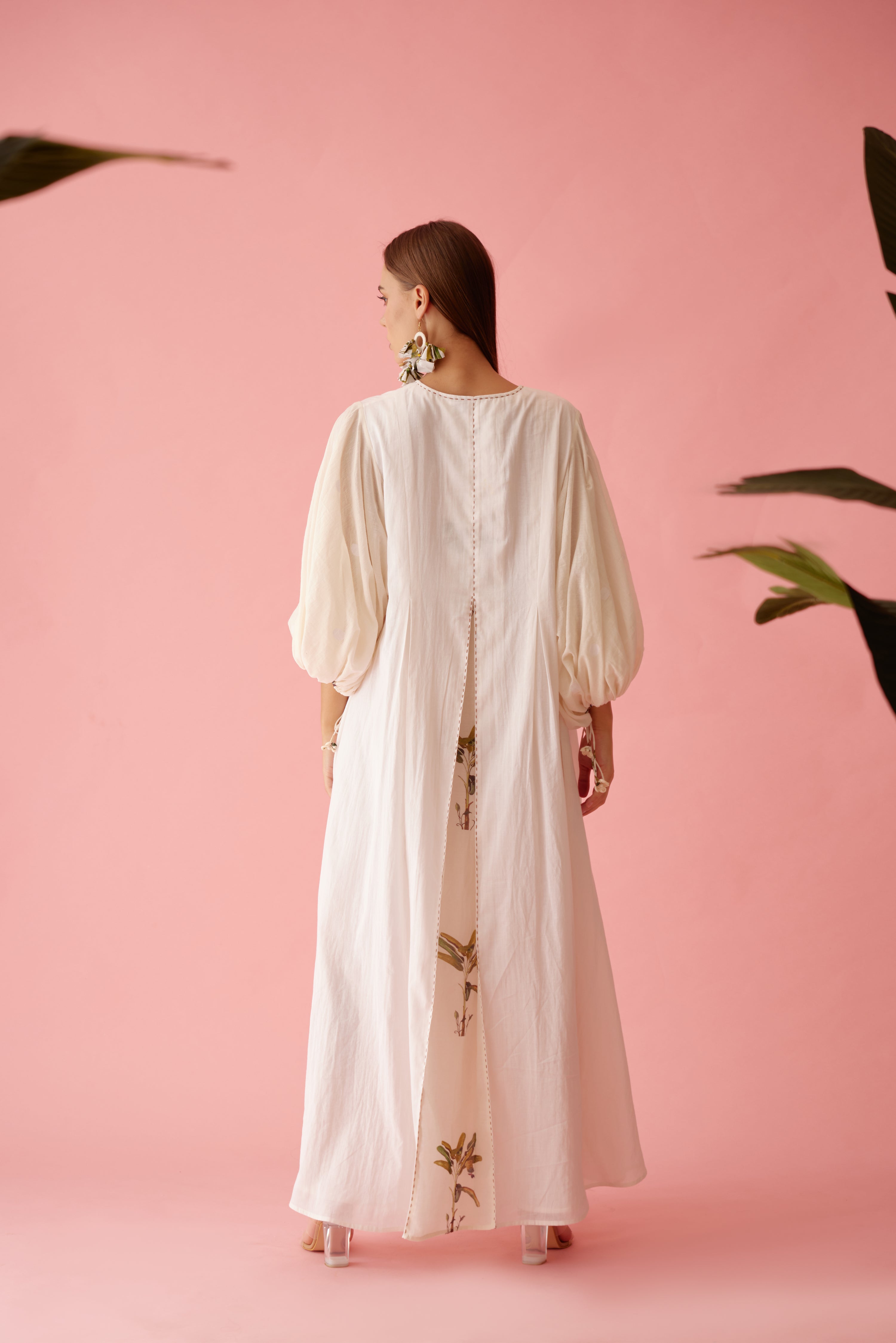 Cream handwoven jamdani bubble sleeves A-line maxi dress
