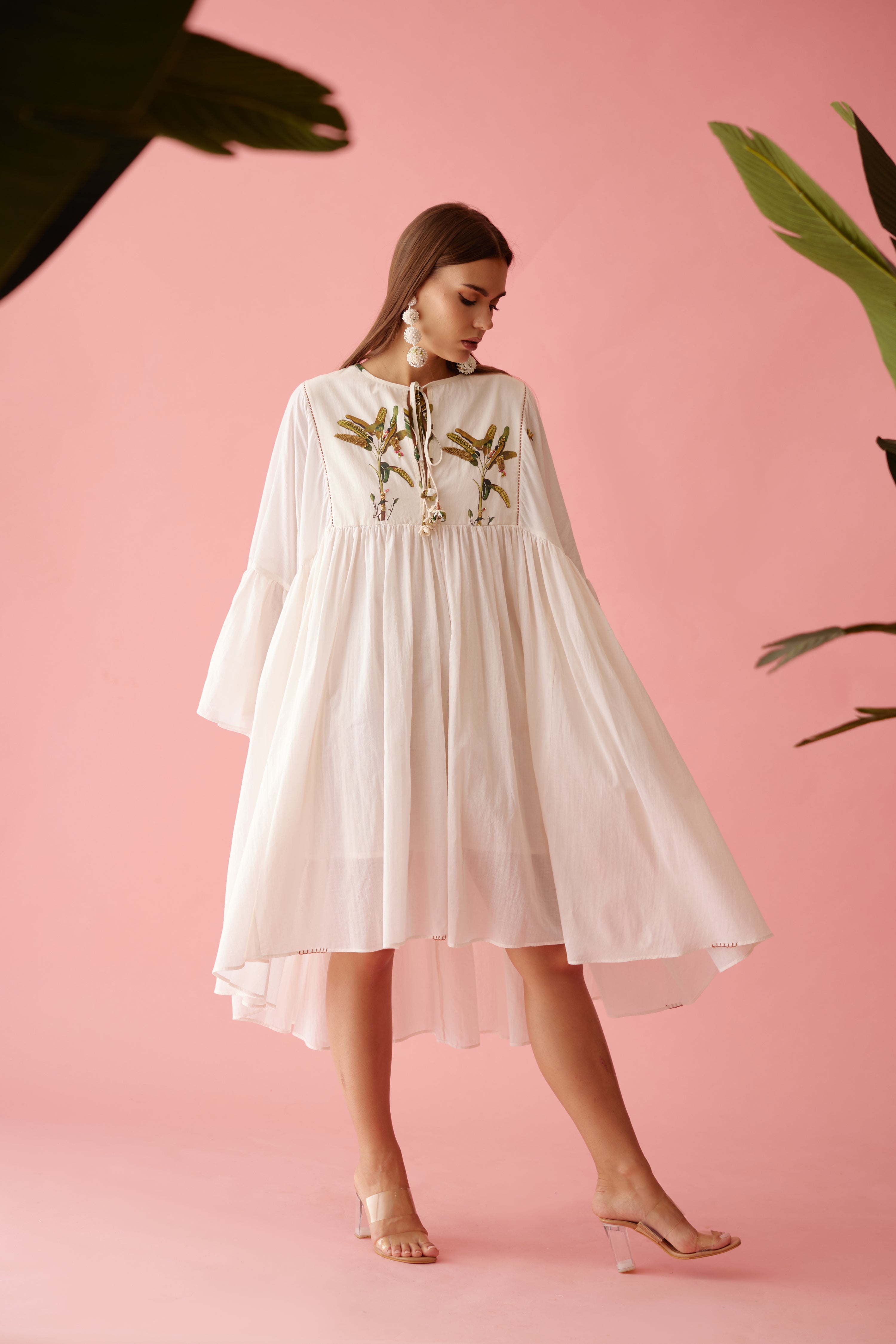 Cream banana tree print yoke frill dress