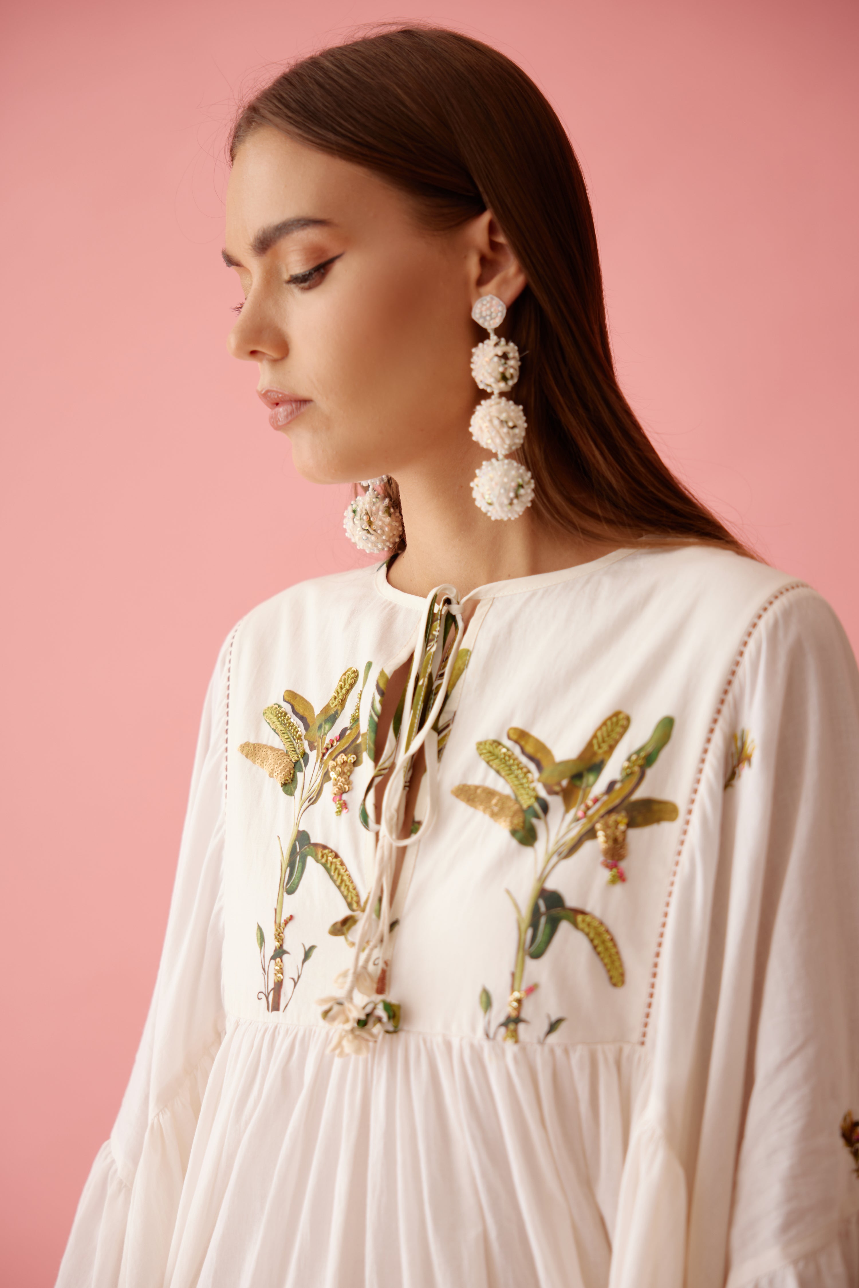 Cream banana tree print yoke frill dress