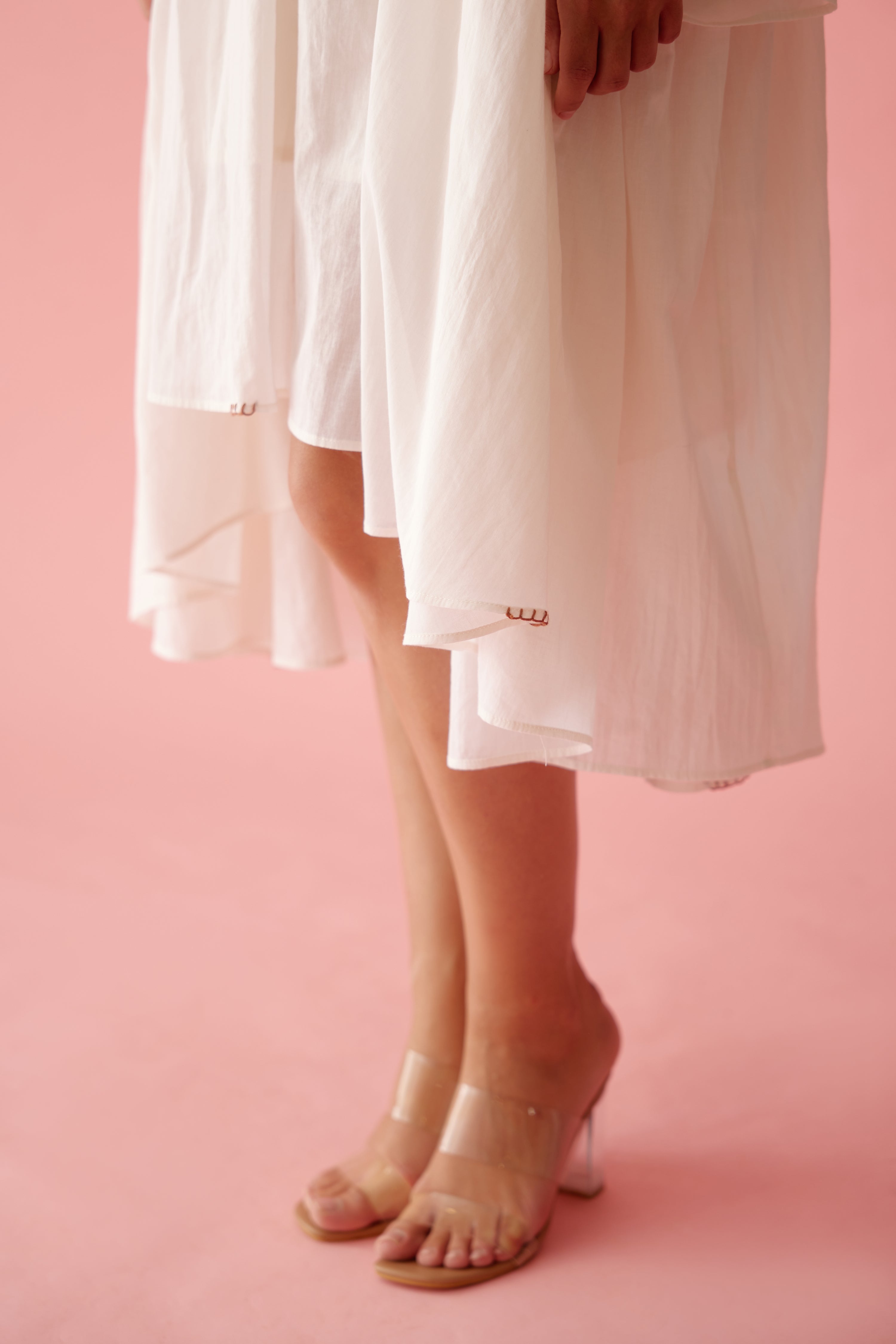 Cream banana tree print yoke frill dress