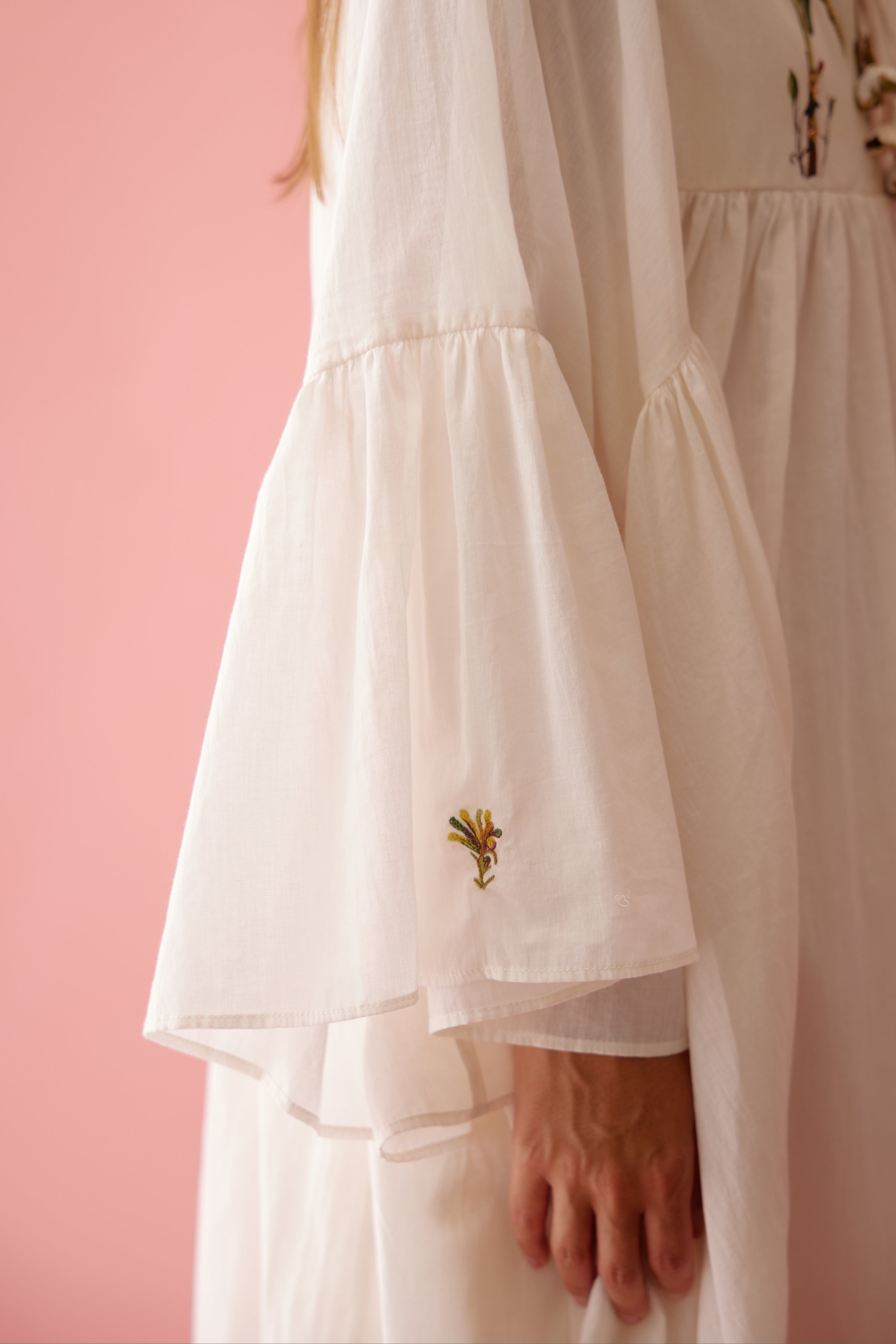 Cream banana tree print yoke frill dress