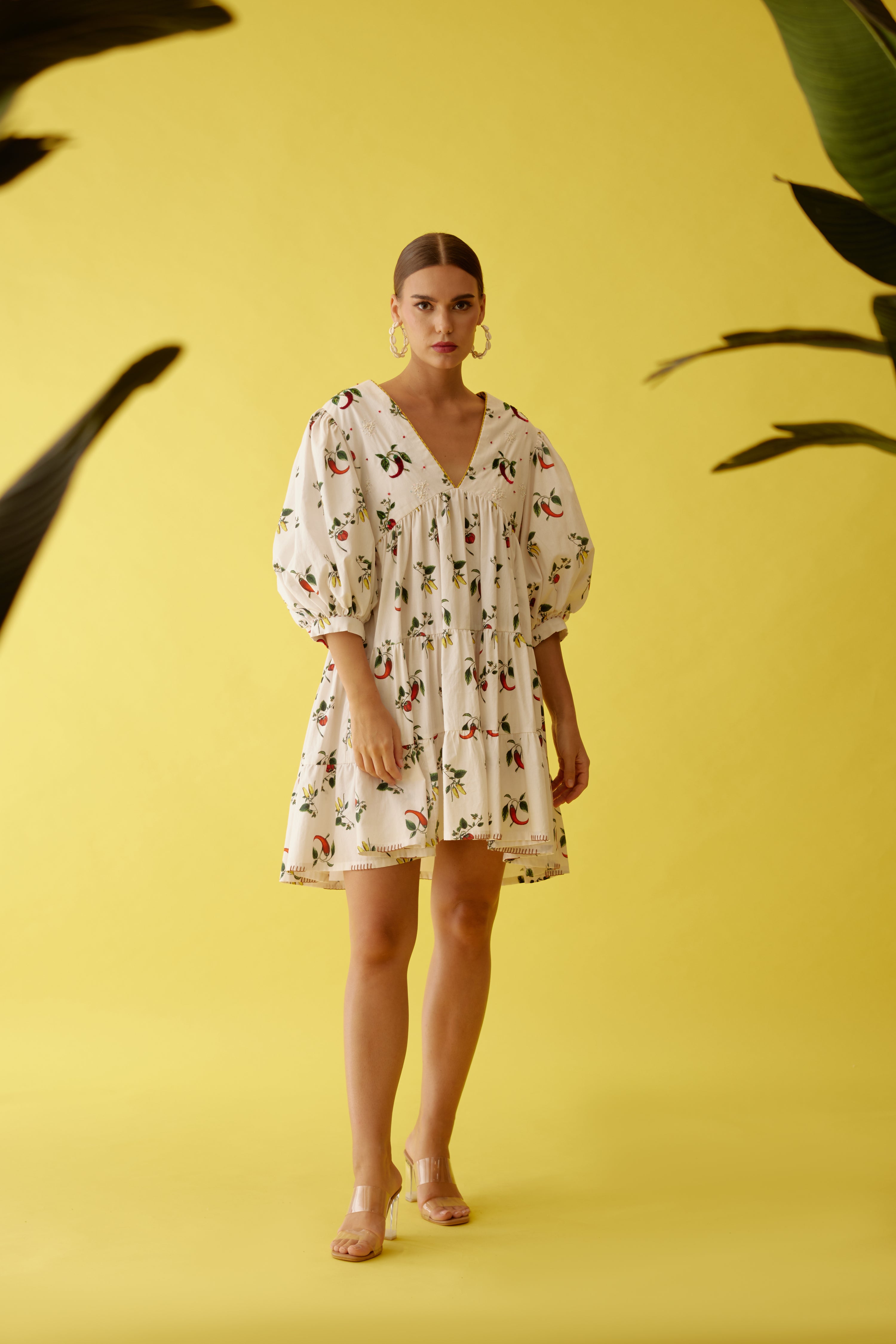 Off-white hand painted chilli print bubble sleeve tier dress