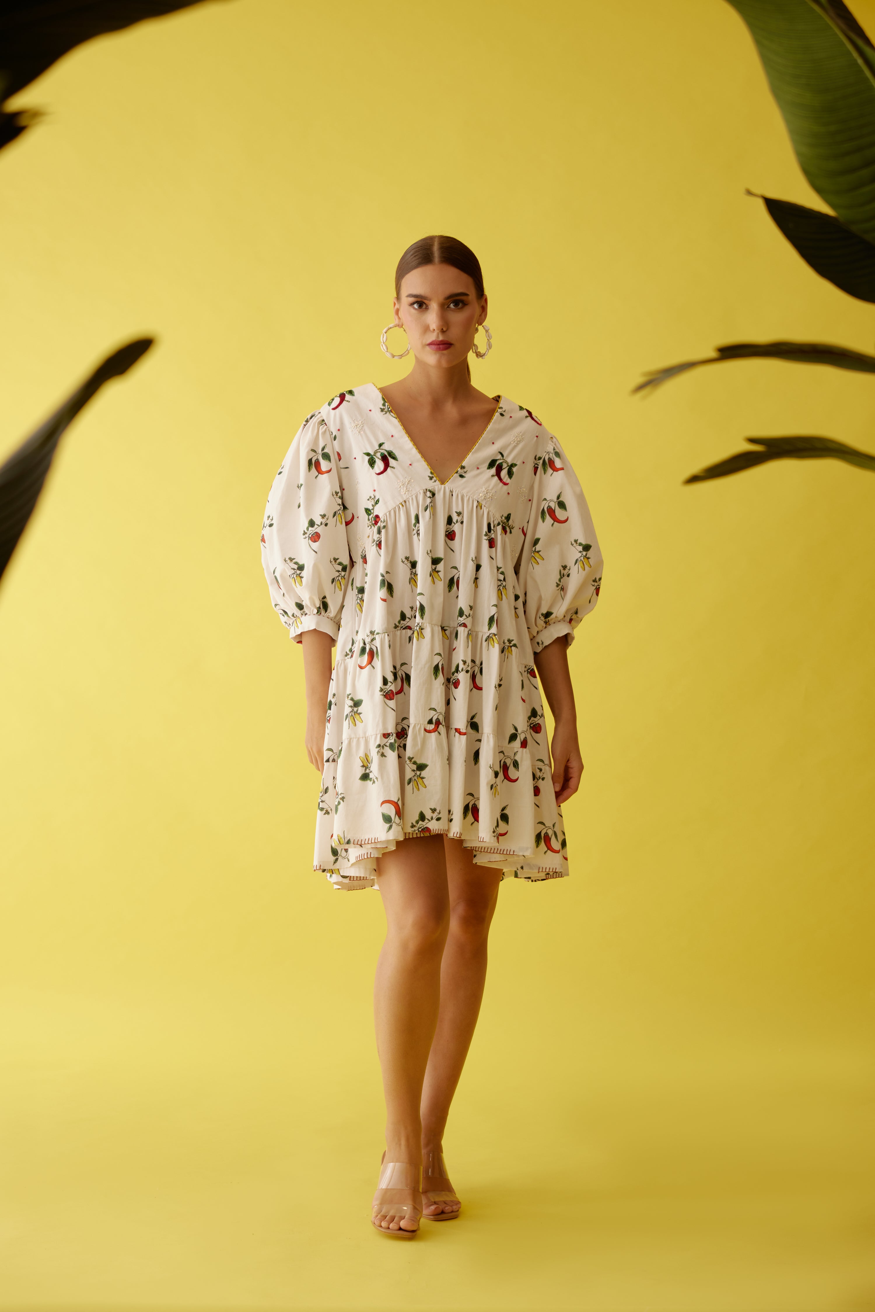 Off-white hand painted chilli print bubble sleeve tier dress