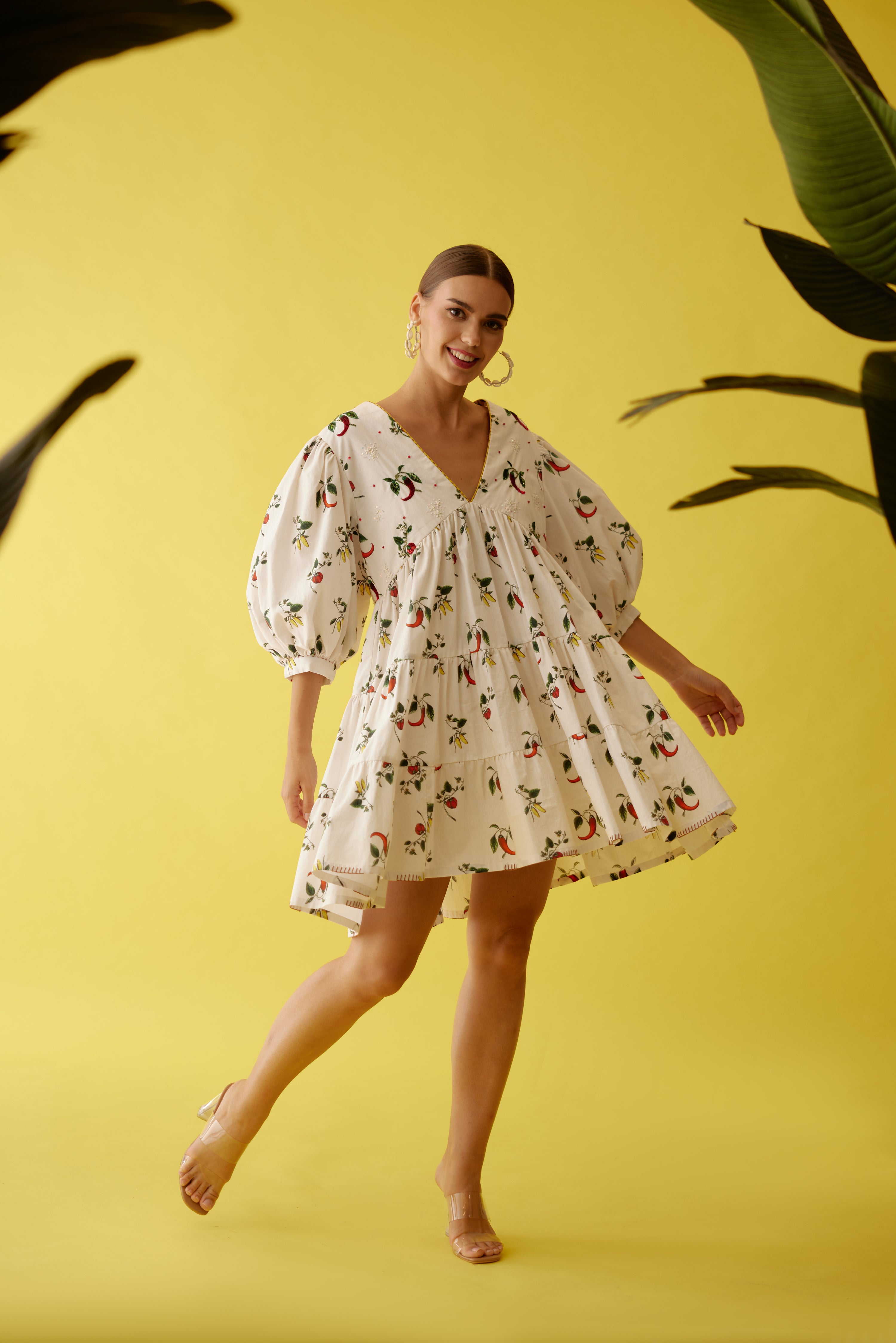 Off-white hand painted chilli print bubble sleeve tier dress