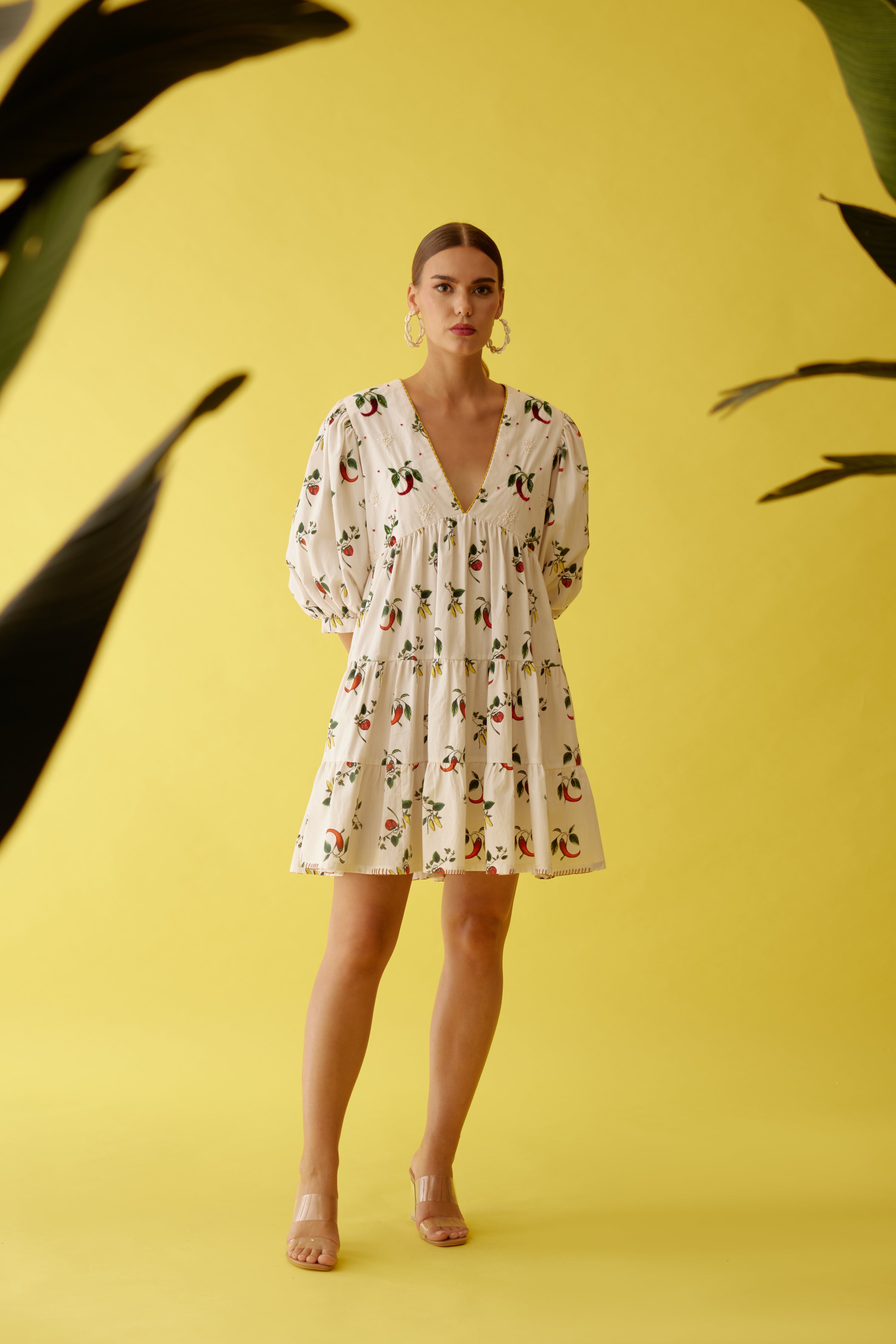Off-white hand painted chilli print bubble sleeve tier dress
