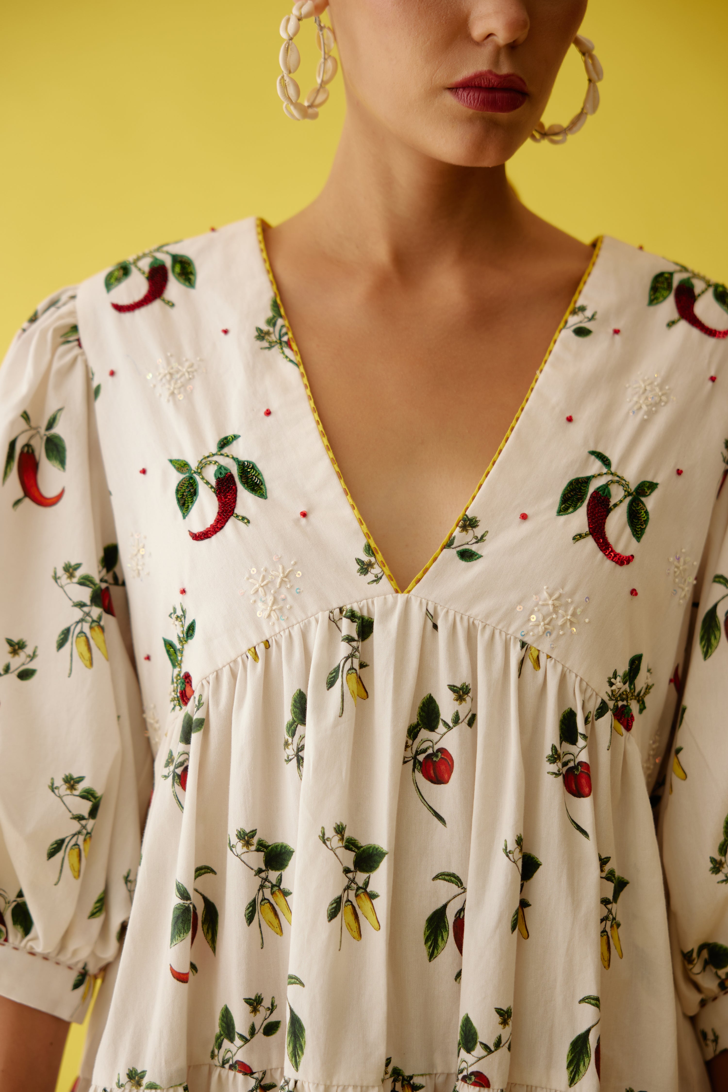 Off-white hand painted chilli print bubble sleeve tier dress