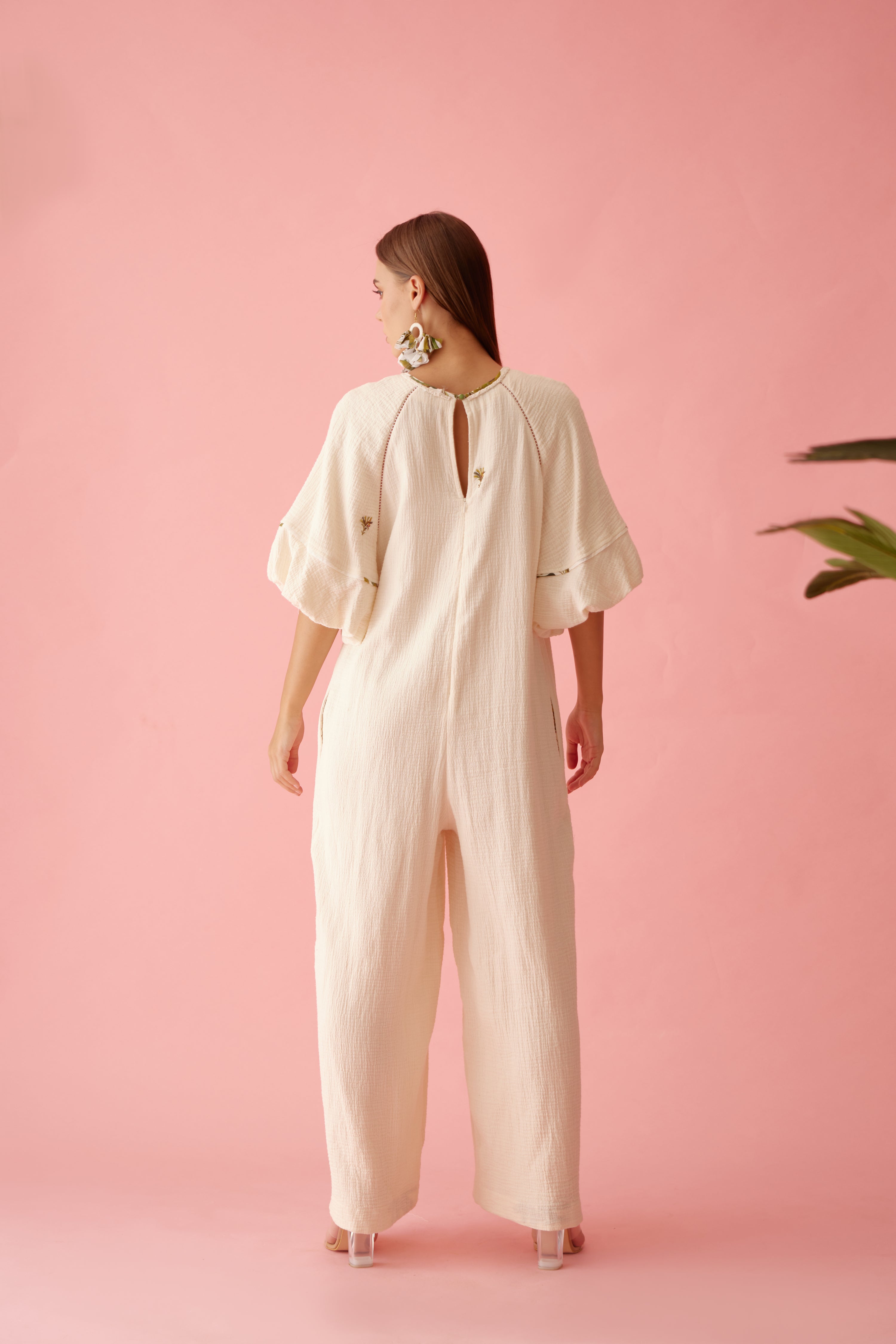 Cream fringe neckline jumpsuit