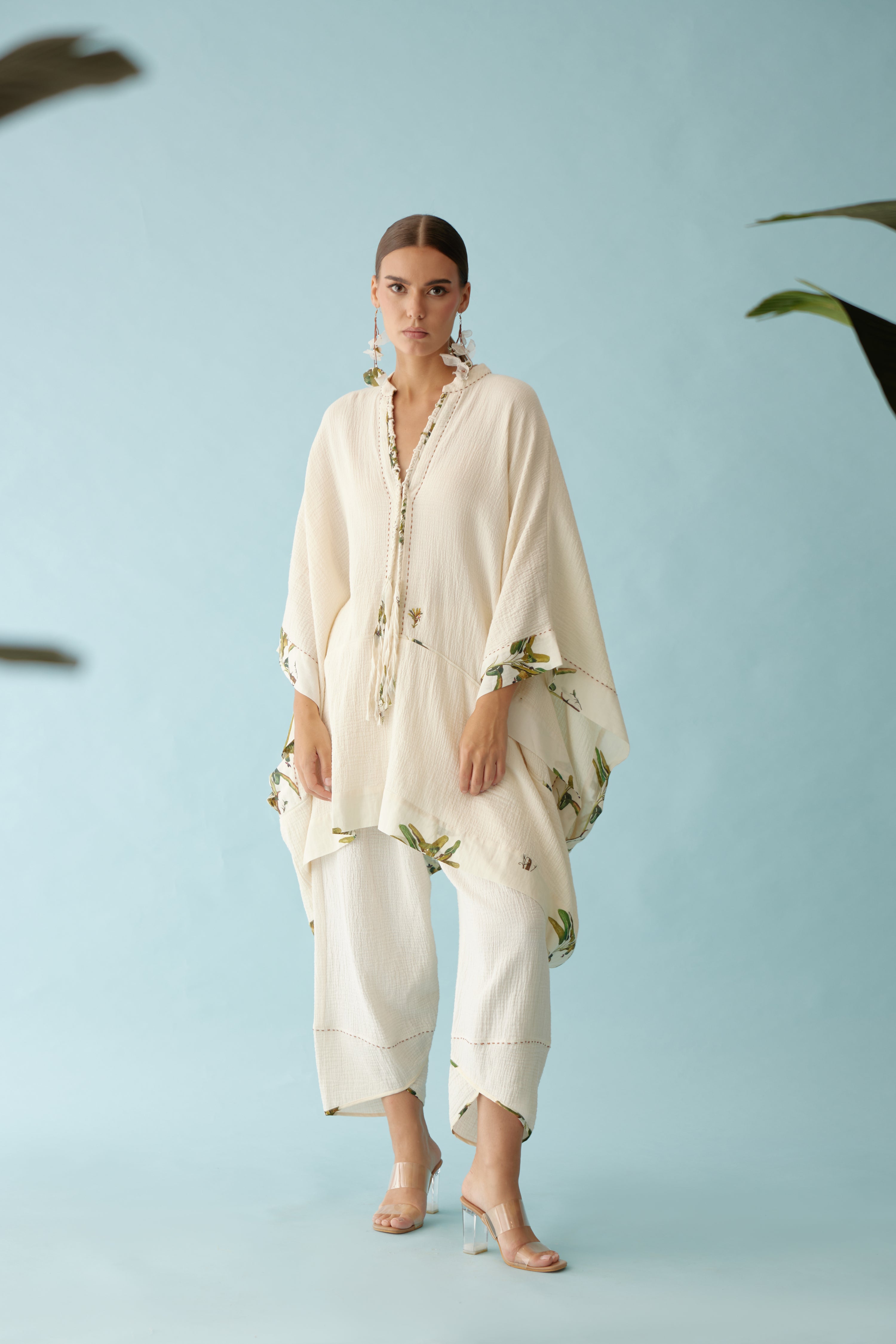 Cream hand-braided tassel kaftan