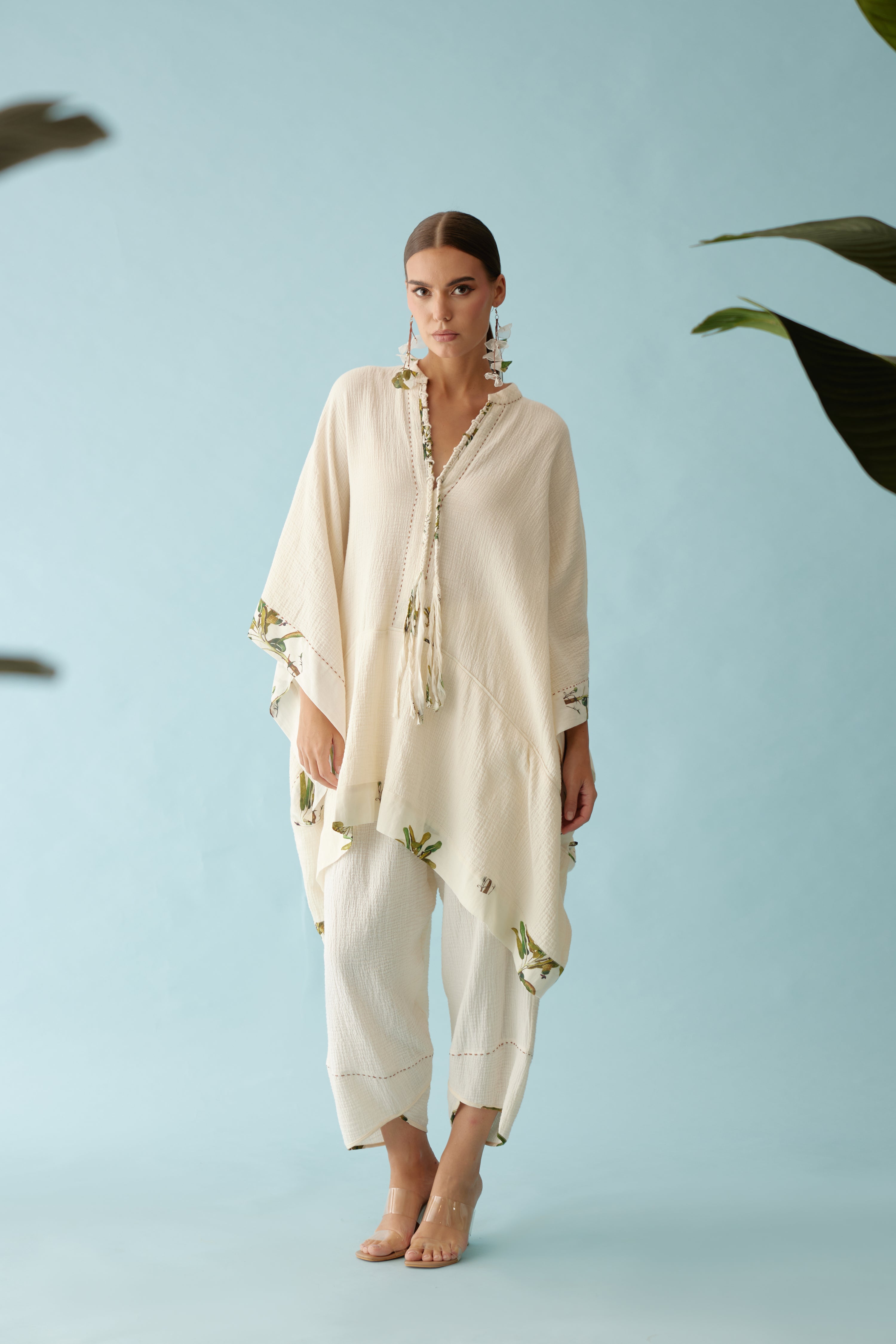 Cream hand-braided tassel kaftan