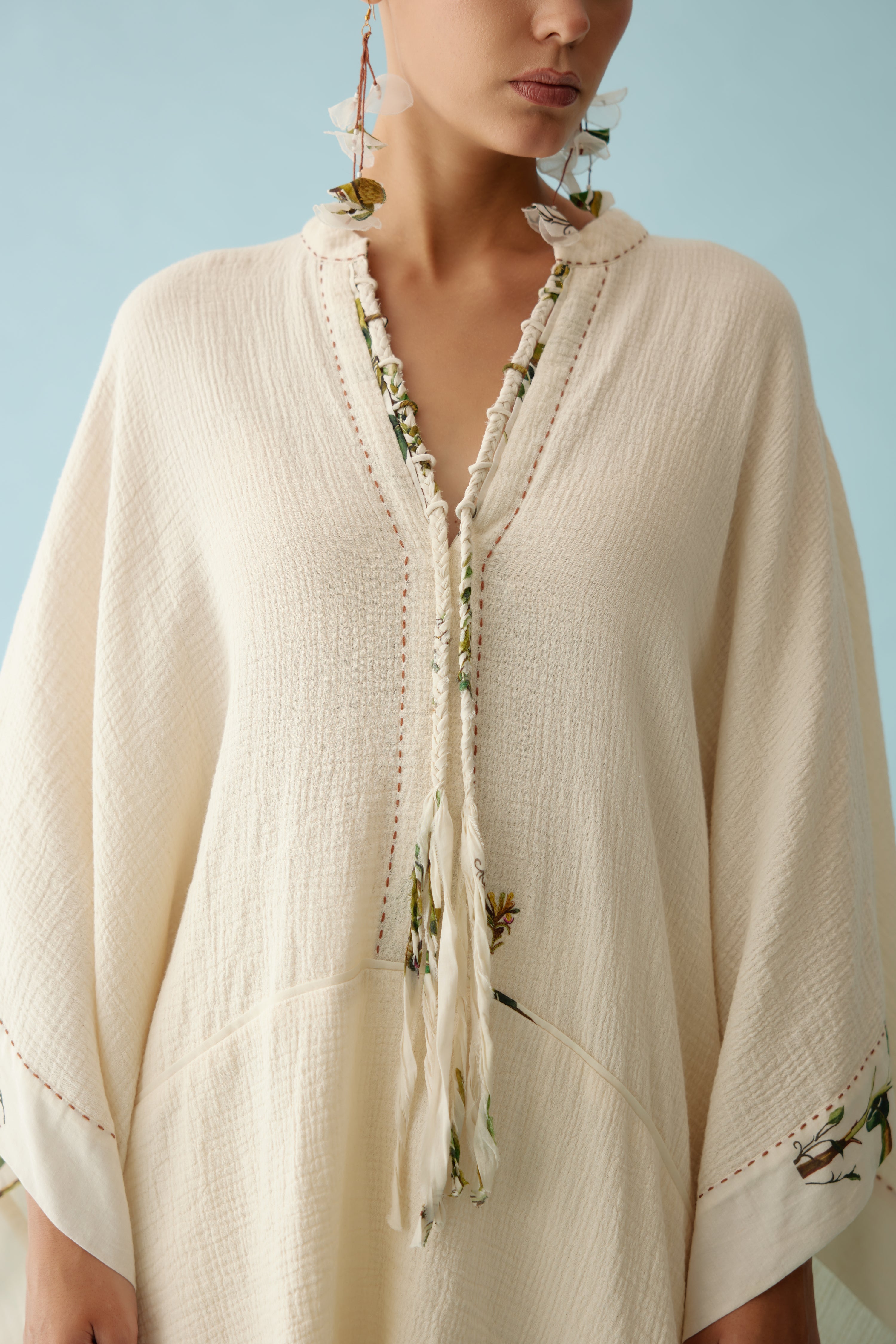 Cream hand-braided tassel kaftan