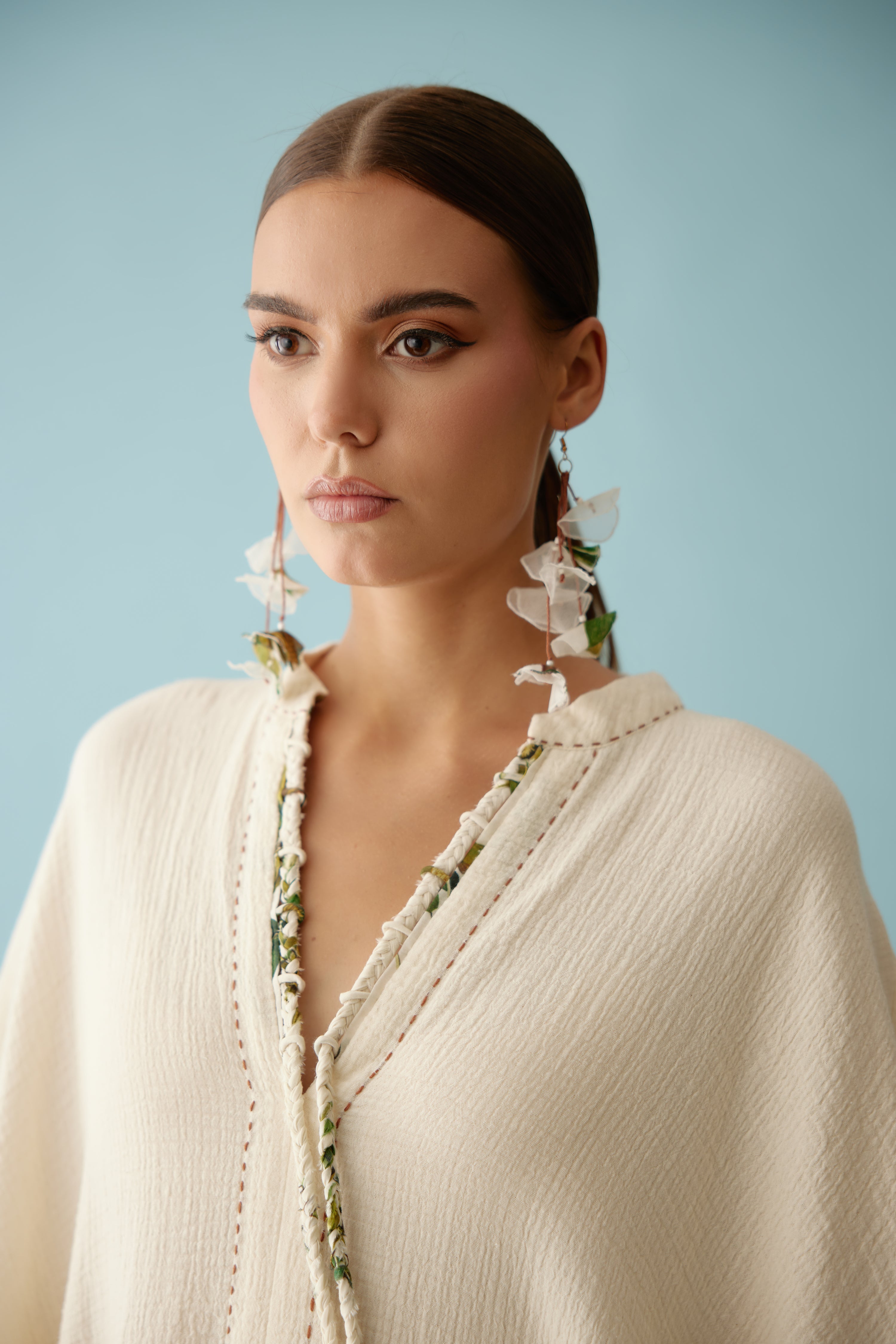 Cream hand-braided tassel kaftan