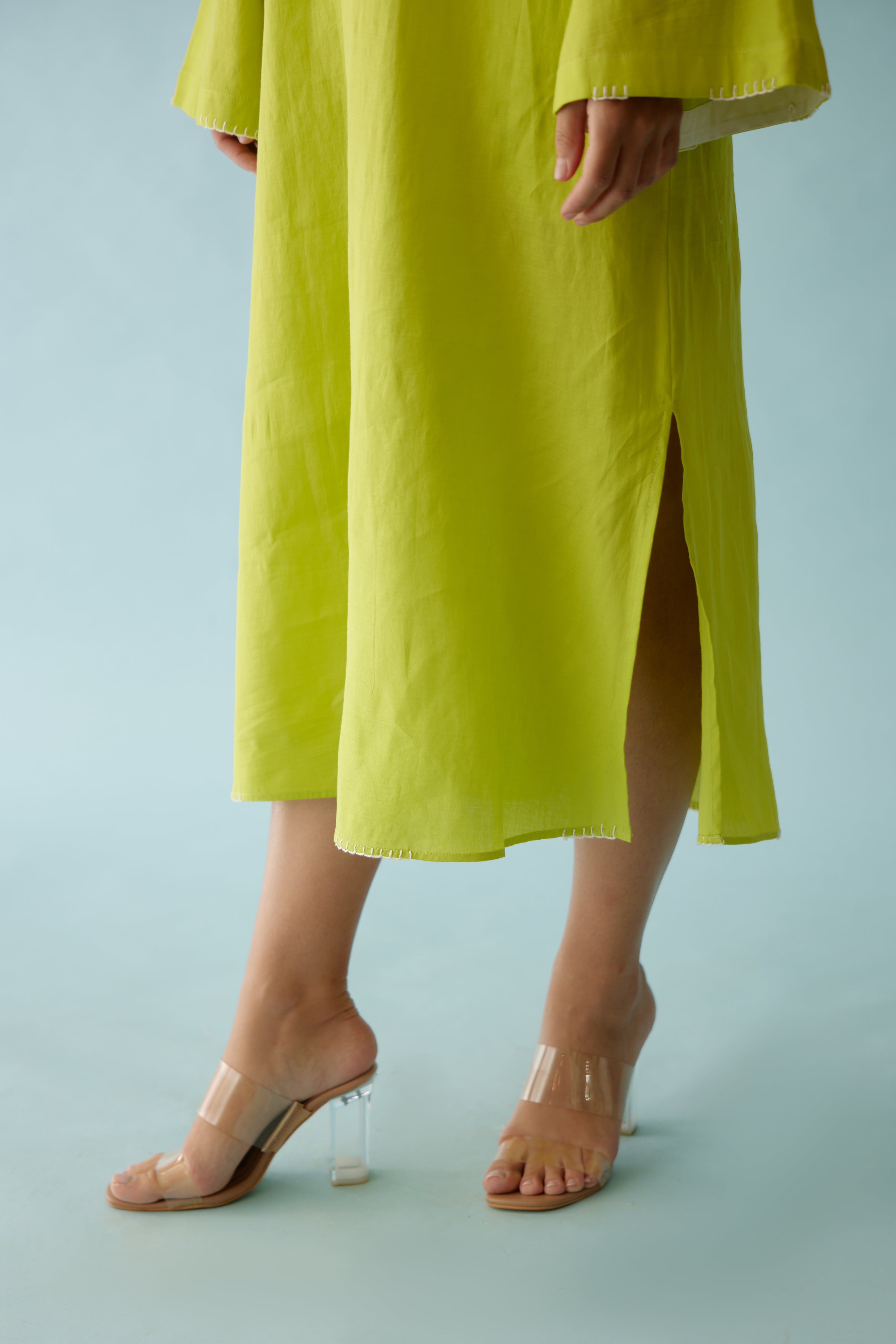 Lime green fabric ribbon embroidery flower kaftan