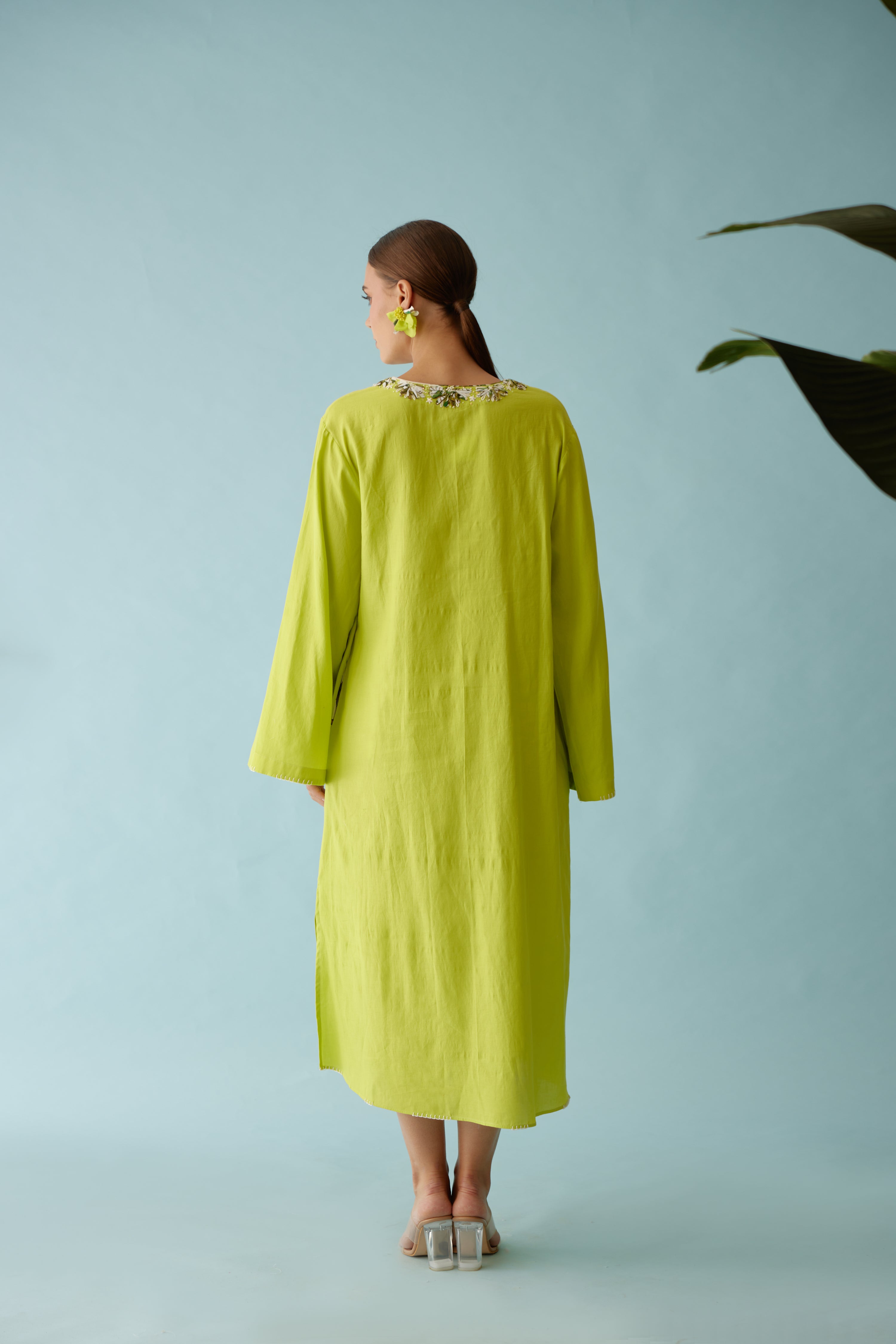 Lime green fabric ribbon embroidery flower kaftan
