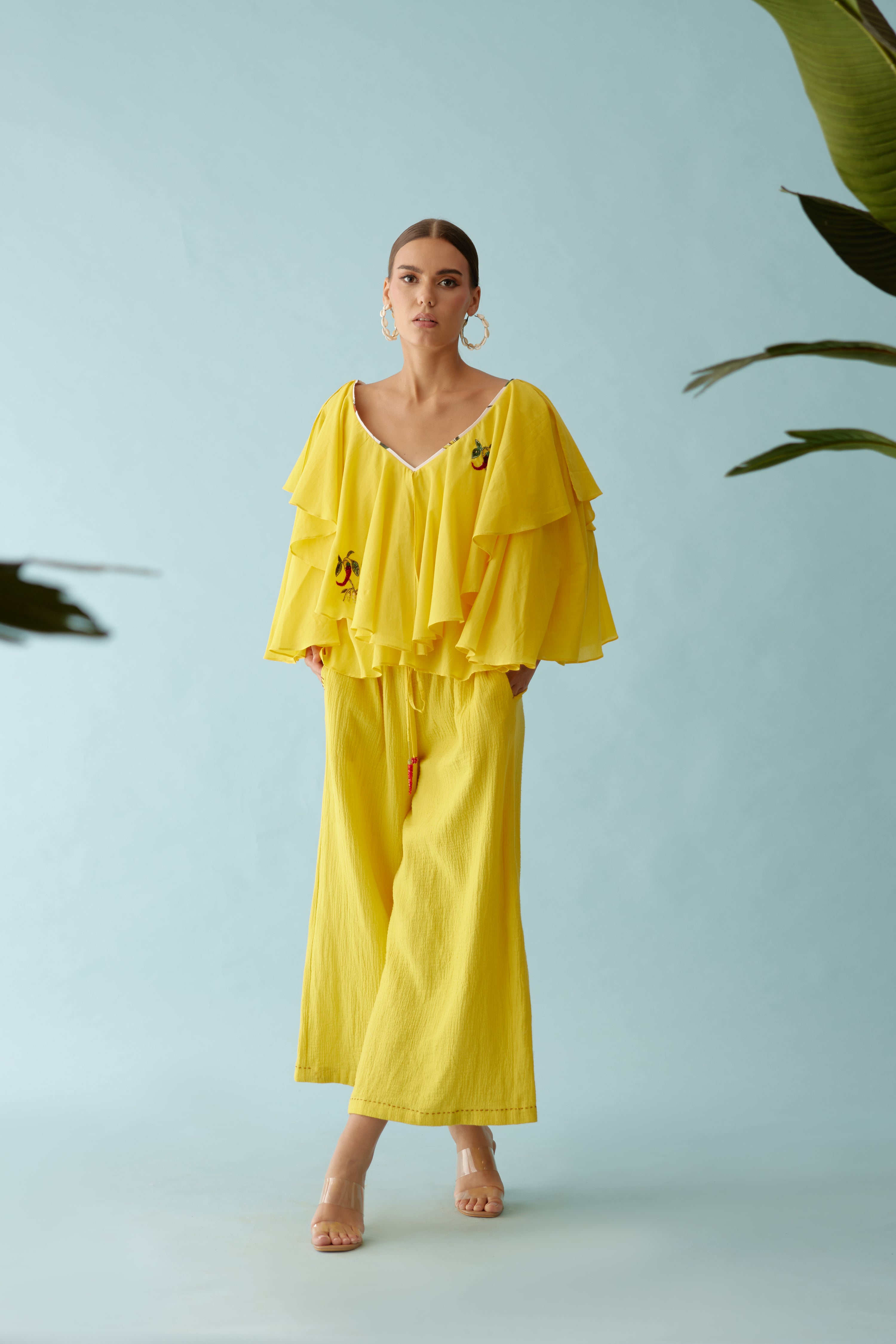 Yellow hand embroidered chilli applique wide leg pants