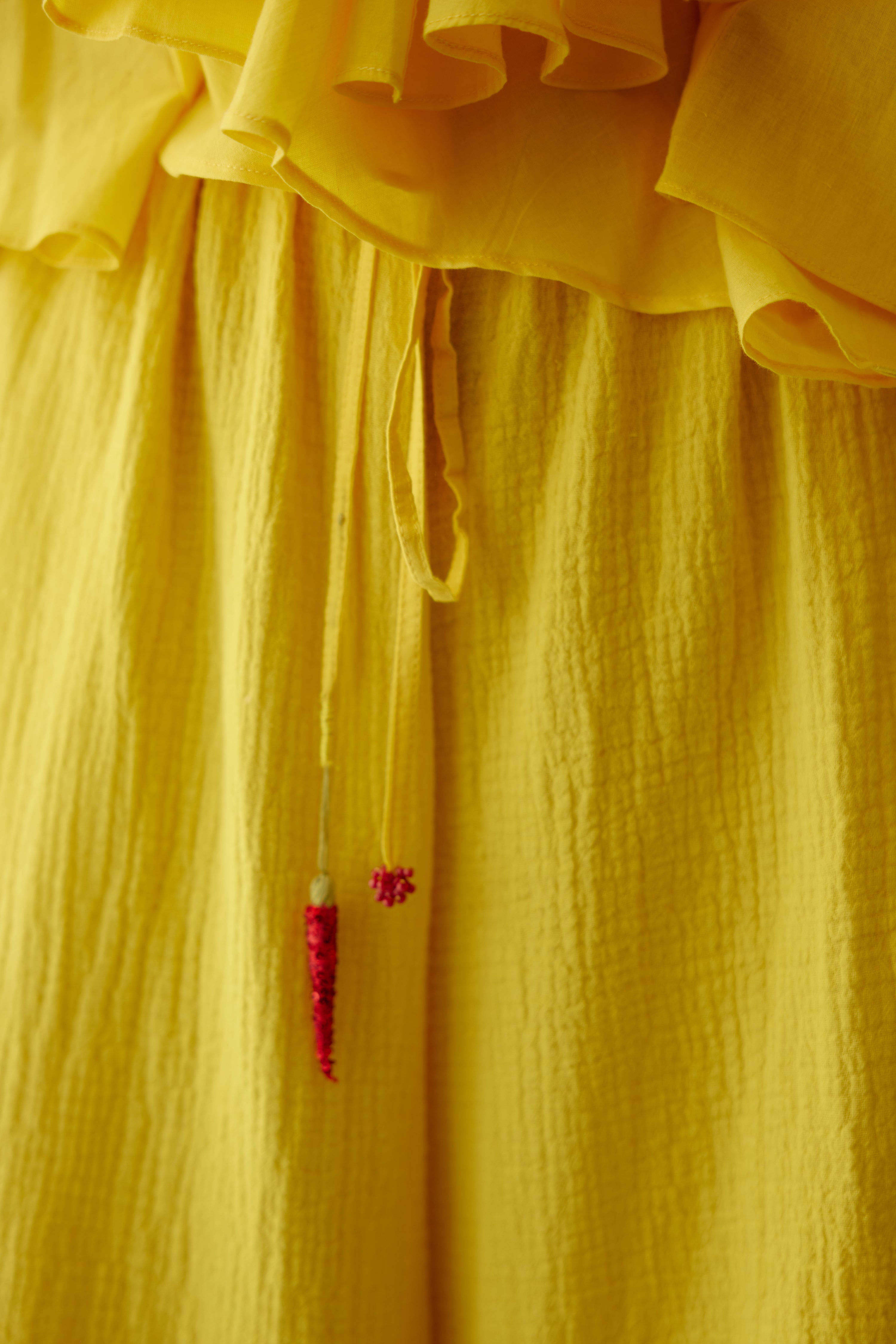 Yellow hand embroidered chilli applique wide leg pants