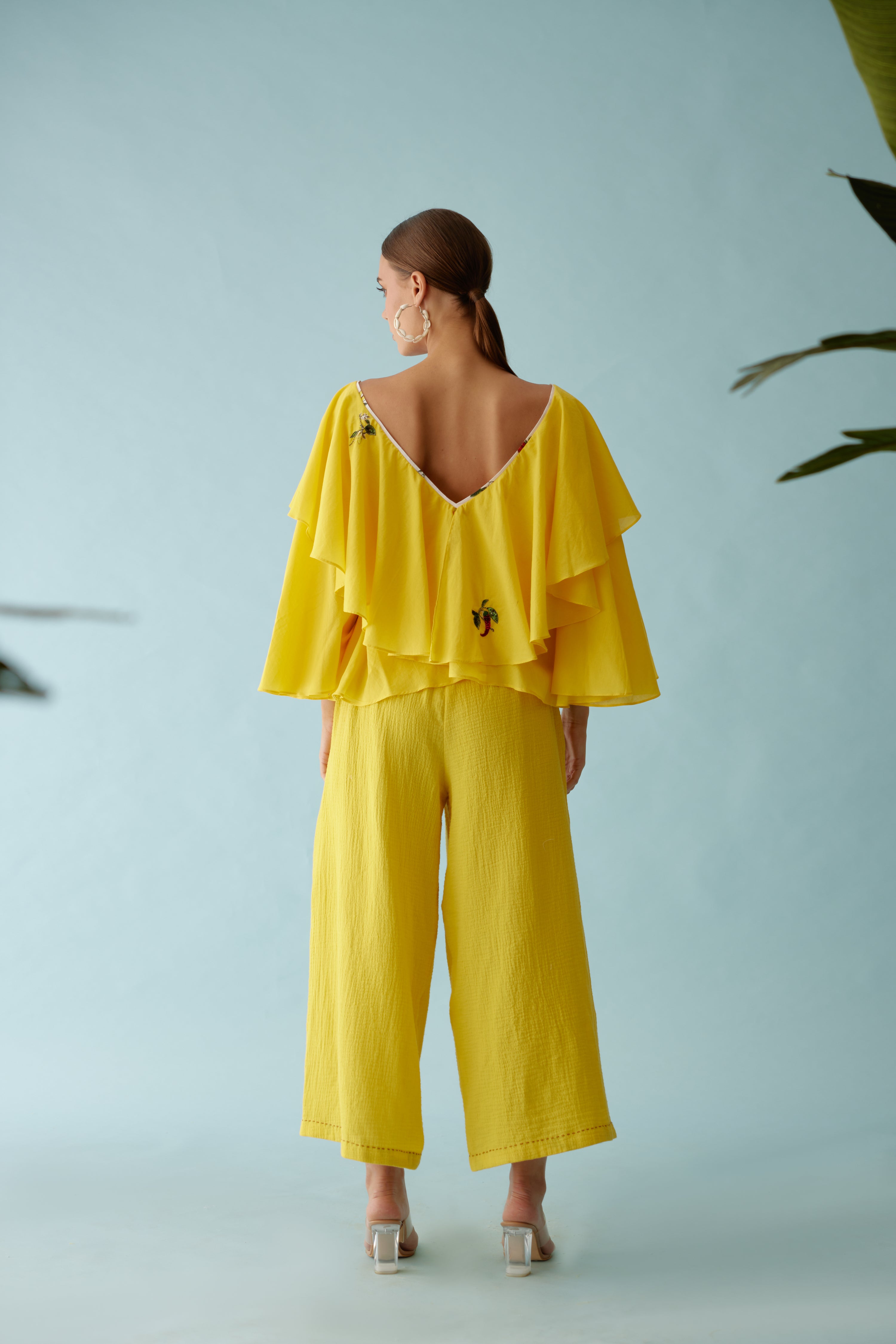 Yellow hand embroidered chilli applique wide leg pants