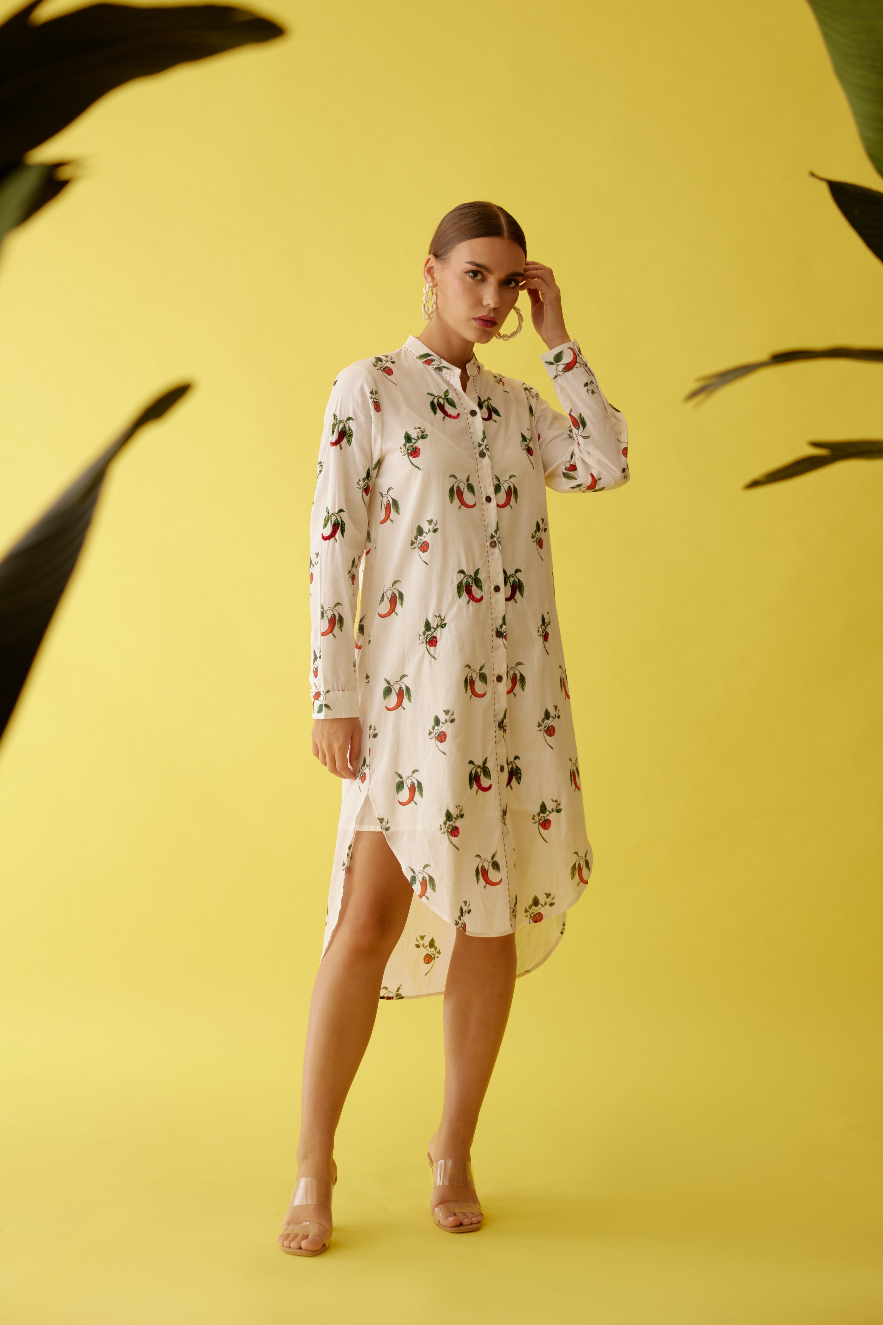 Off-white hand painted chilli print hi-low shirt dress