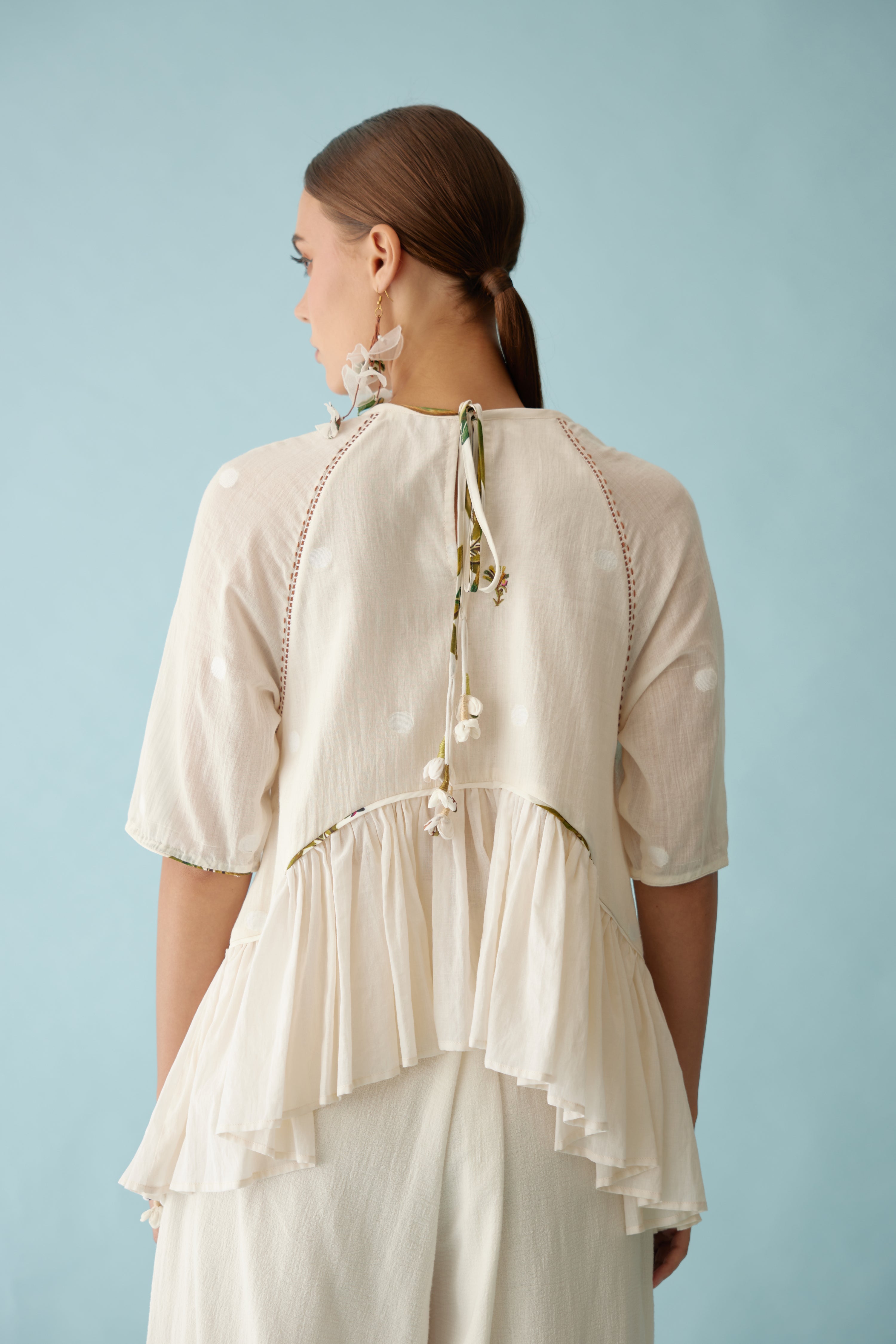 Cream handwoven jamdani cotton hi-low top