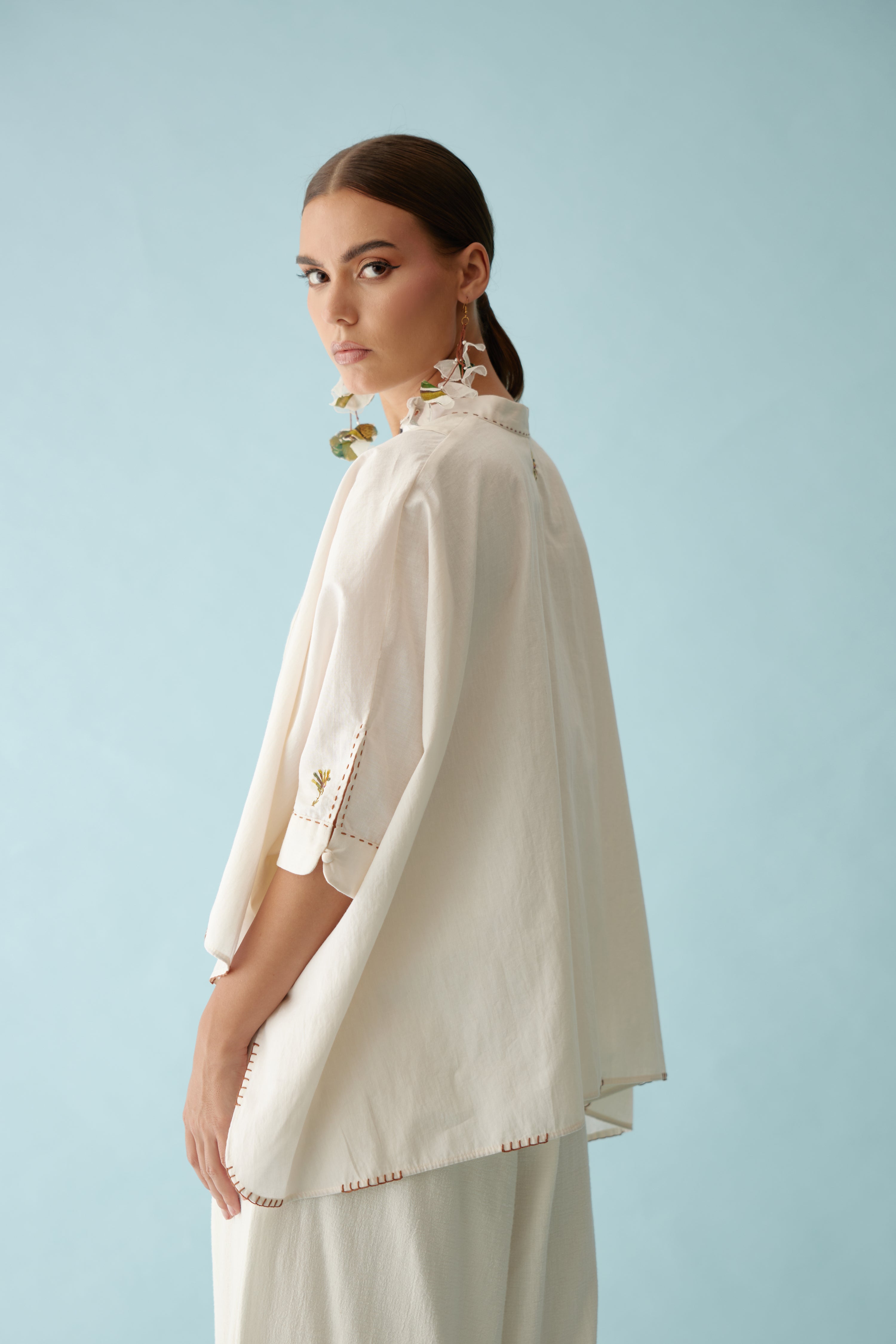 Cream handwoven jamdani yoke hi-low top