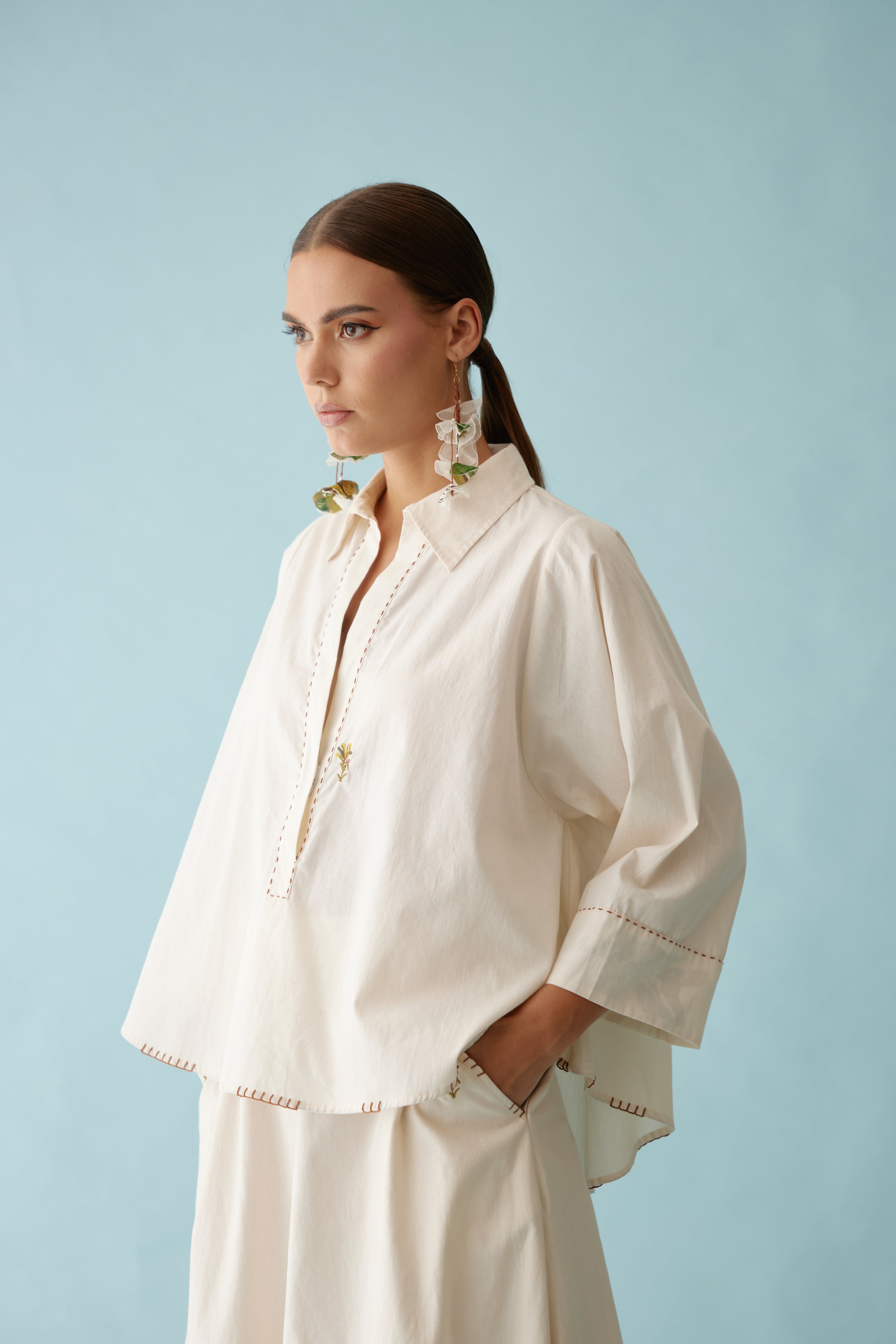 Cream banana tree applique top